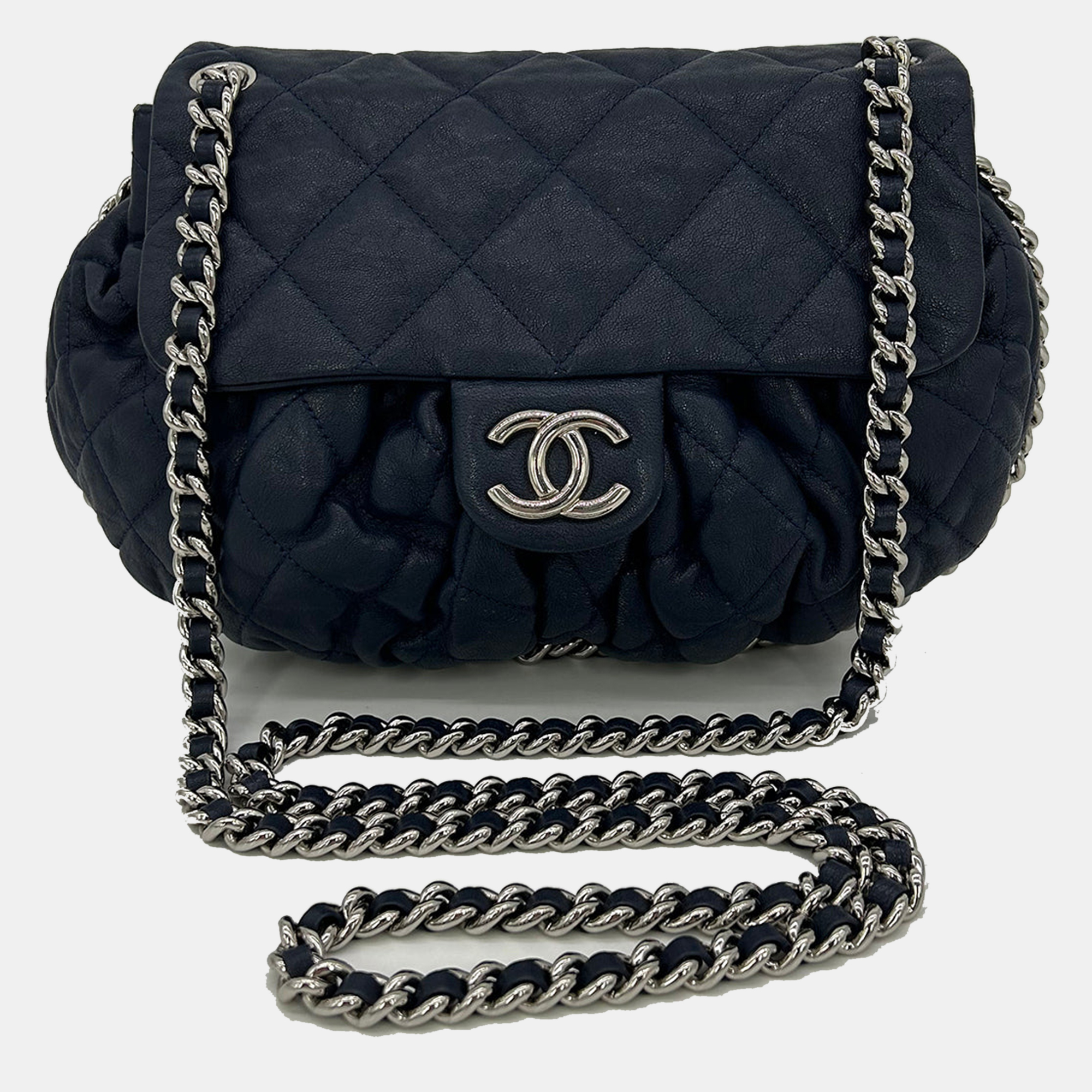 

Chanel Quilted Navy Leather Chain Around Crossbody Shoulder Bag, Navy blue