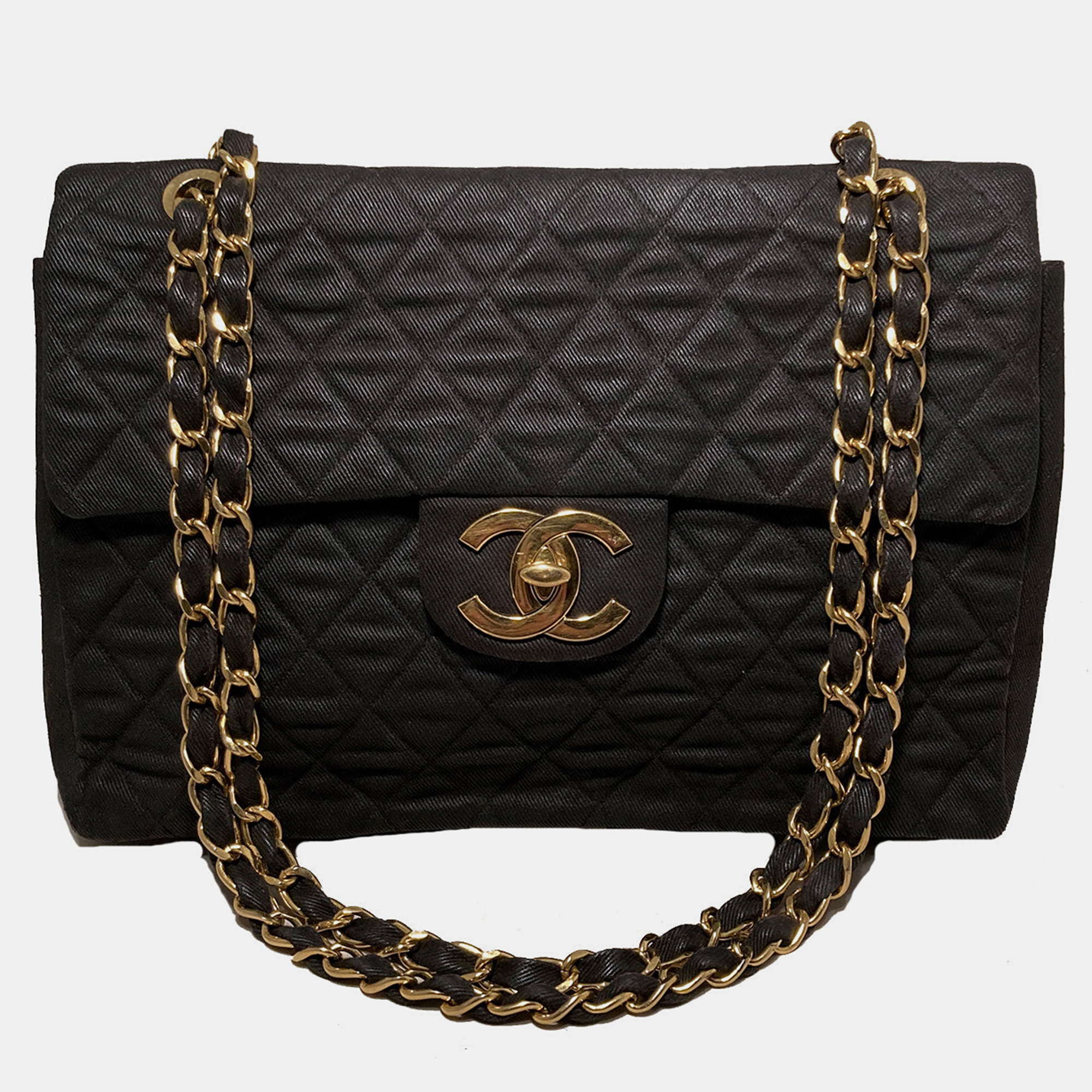 Pre-owned Chanel Black Denim Maxi Classic Flap Shoulder Bag