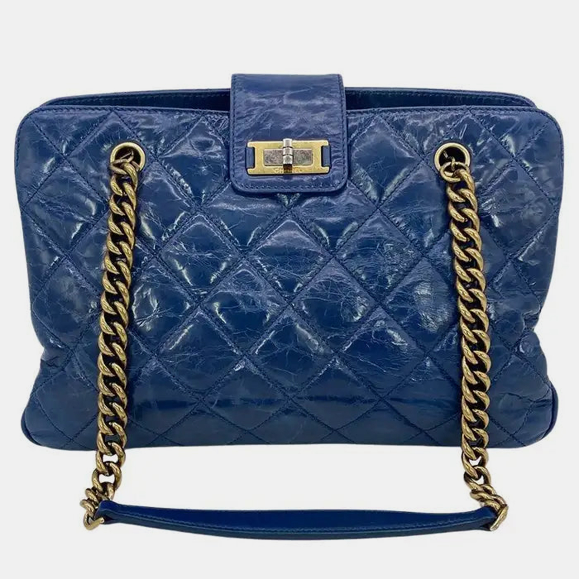 

Chanel Blue Glazed Calfskin Quilted Tote Bag