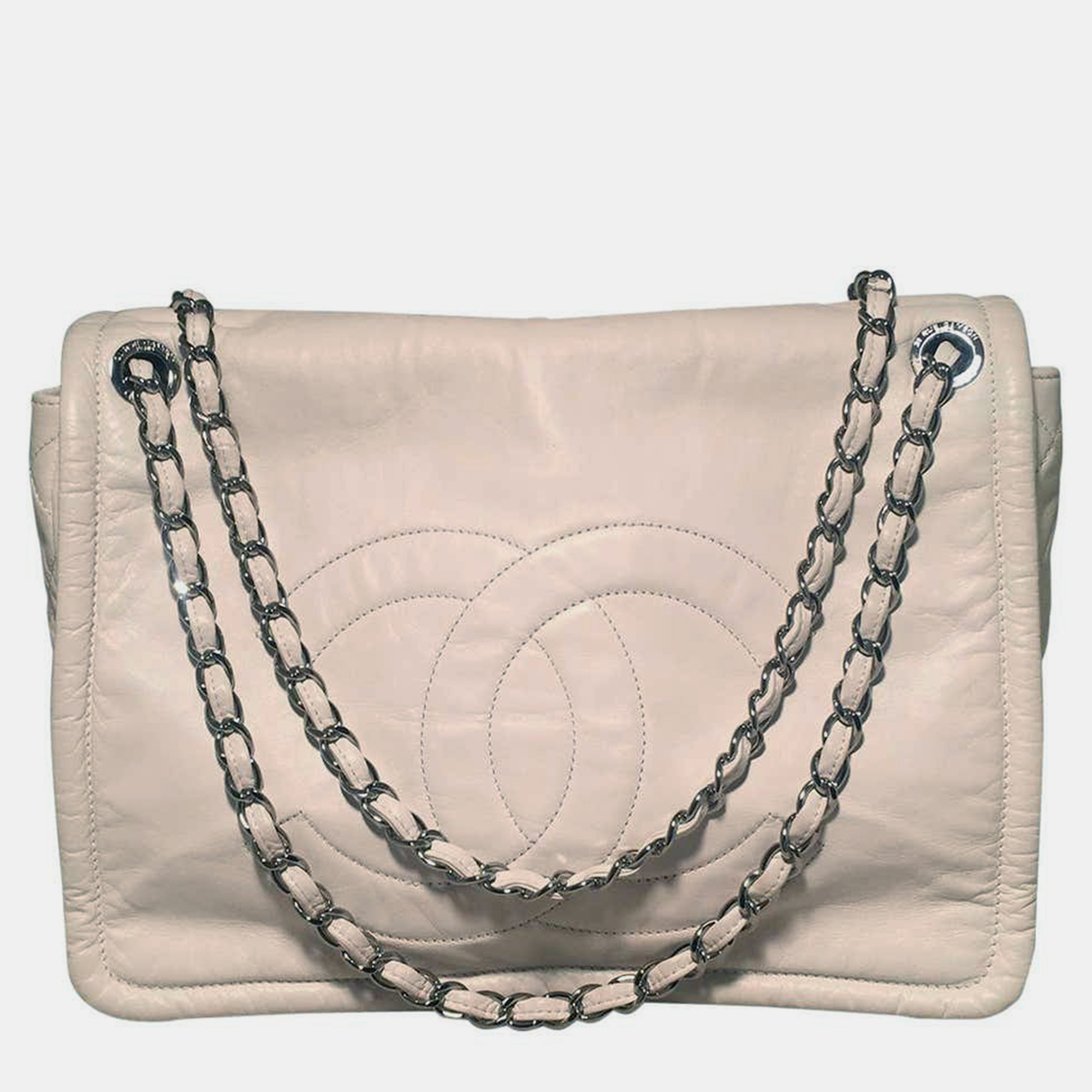 

Chanel White Leather Quilted Cc Logo  Maxi Classic Top Flap Shoulder Bag