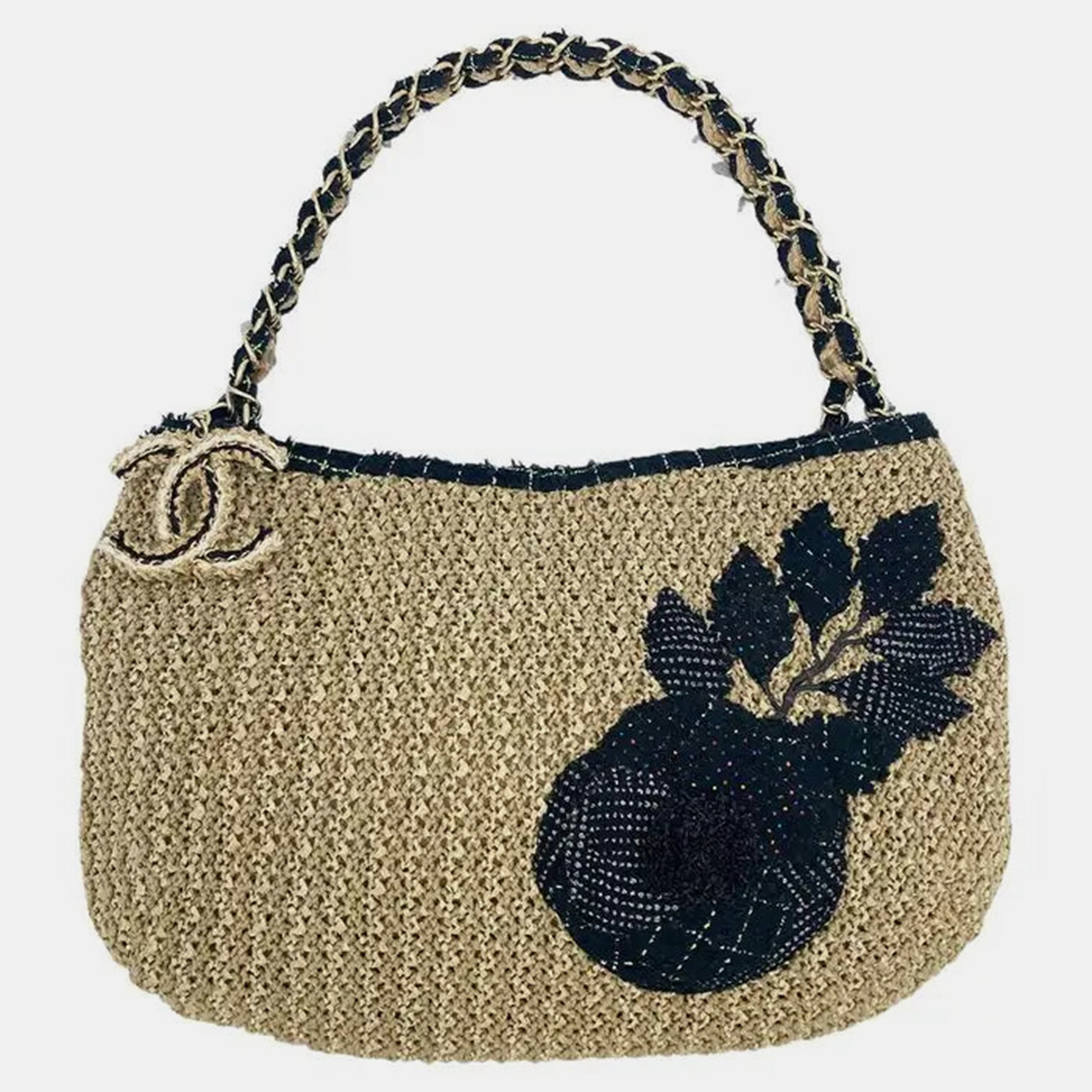 

Chanel Woven Tan Rattan Straw Wool Trim Camellia Flower Shoulder Bag, Beige