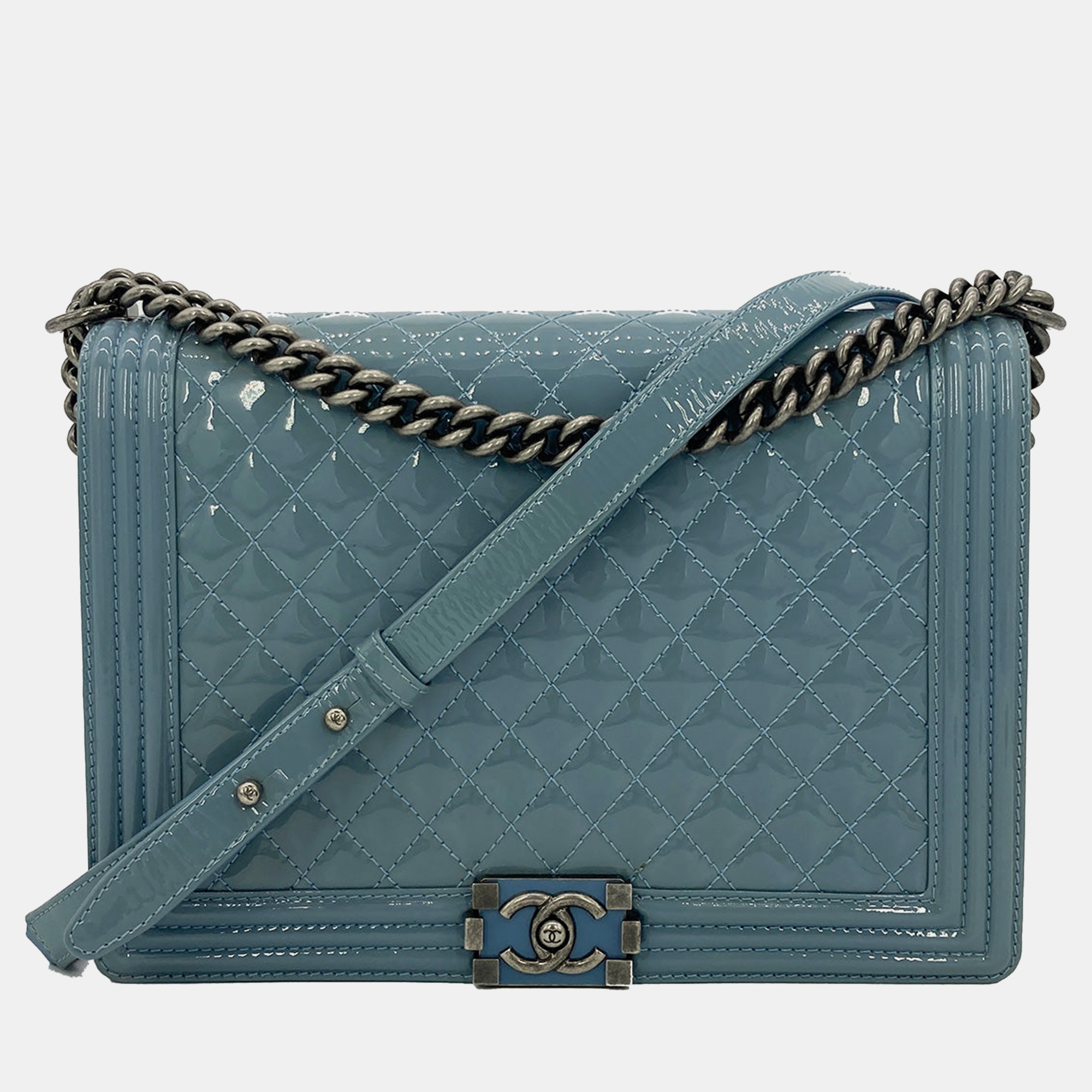 

Chanel Light Blue Patent Large Boy Bag