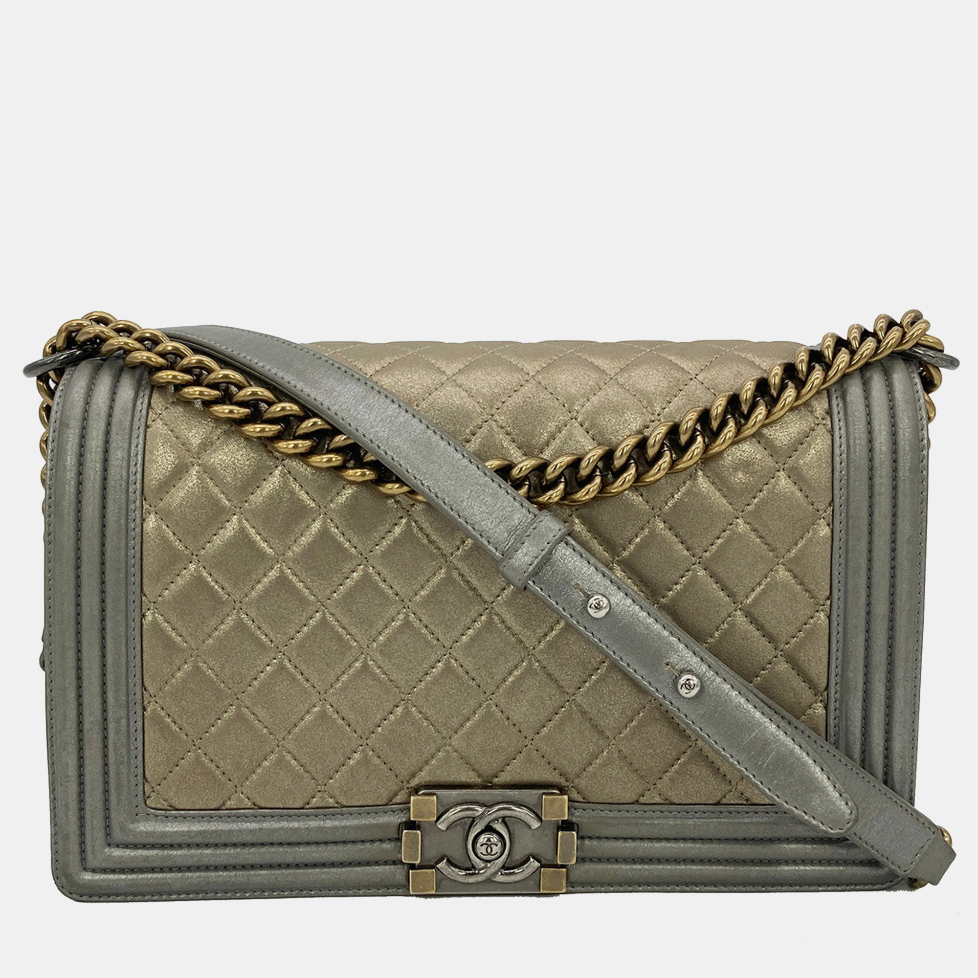 

Chanel Gold Silver Leather Medium Boy Bag Classic Flap