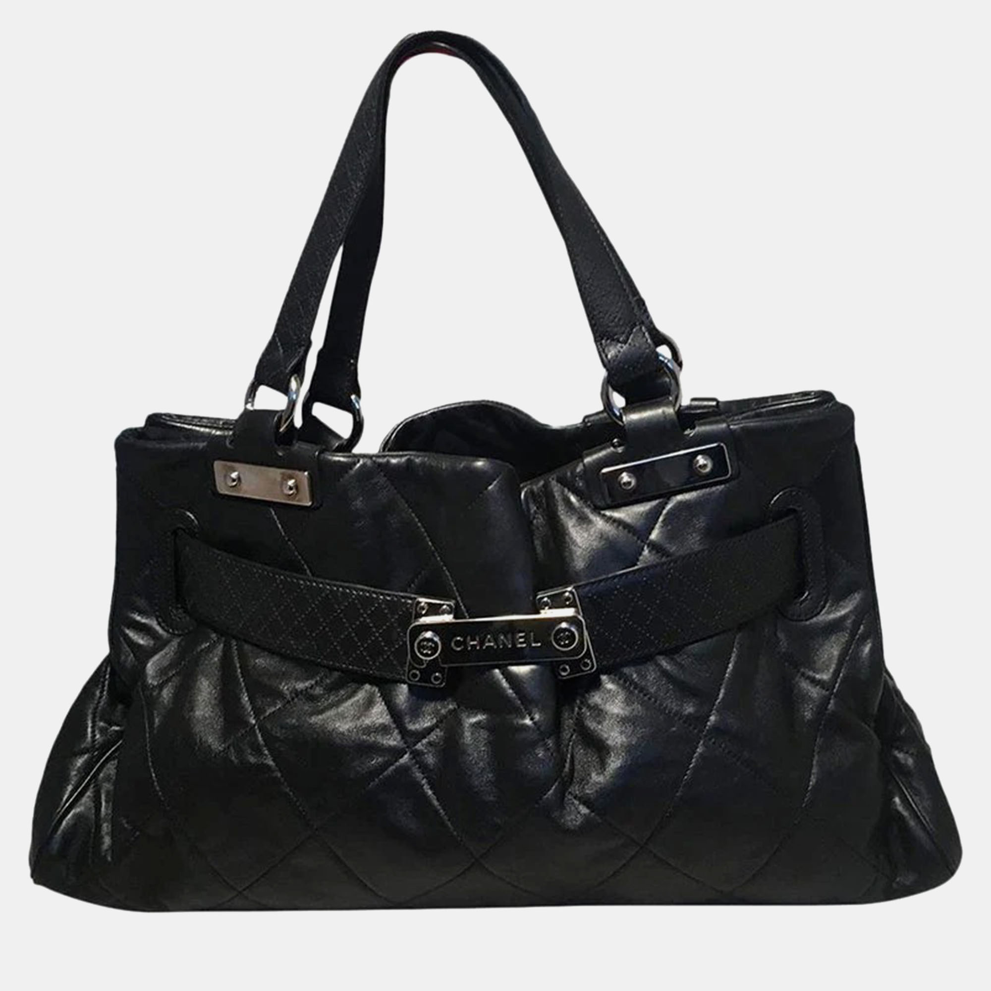 

Chanel Quilted Black Leather Latch Front Tote Bag