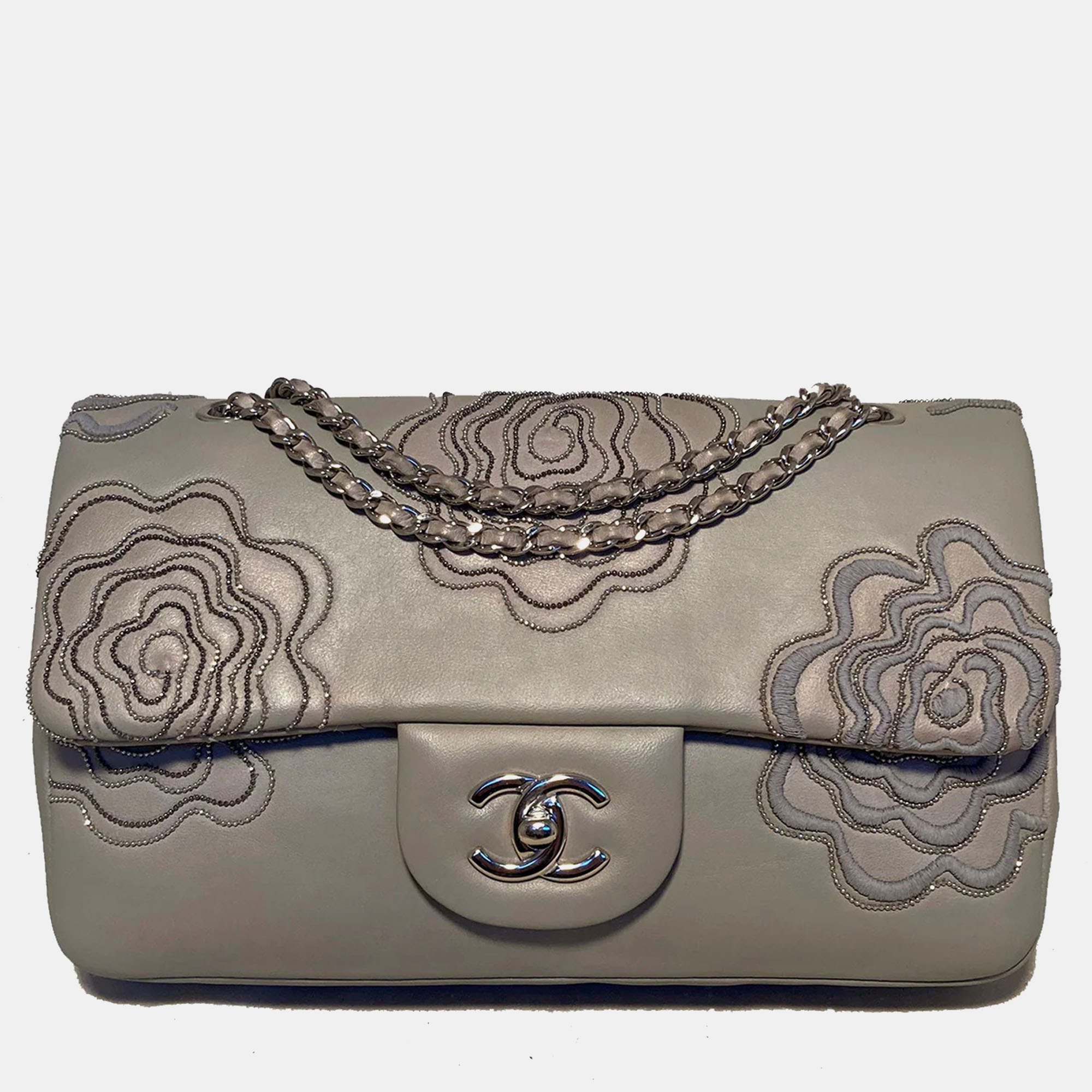 

Chanel Camellia Follies Embroidered Medium Classic Flap, Grey