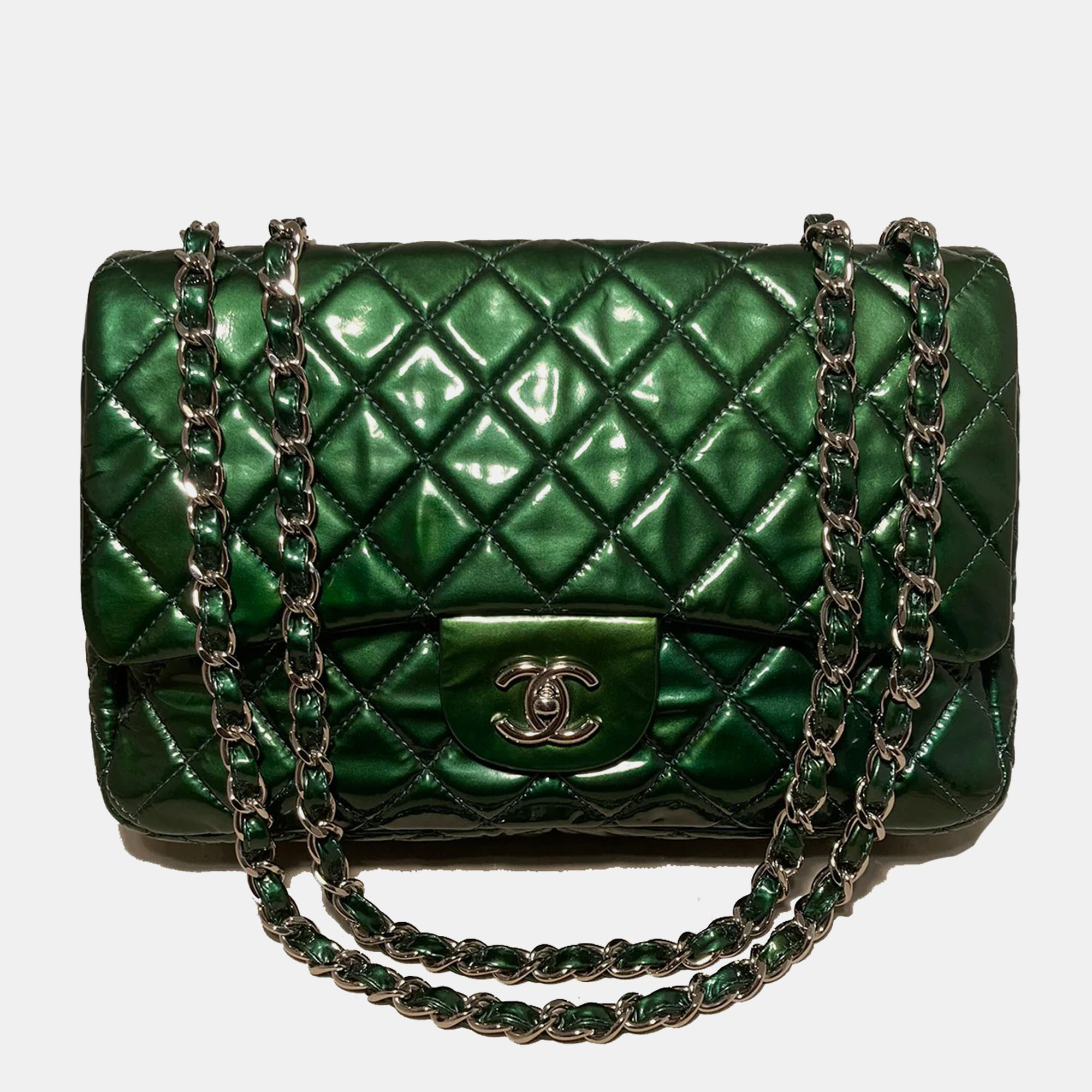 

Chanel Metallic Green Patent Leather Jumbo Classic Flap