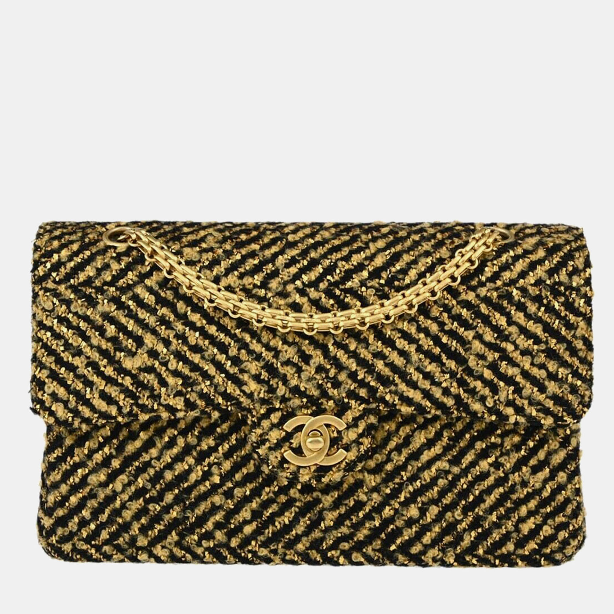 

Chanel Gold Black Wool Classic Single Flap Shoulder Bag