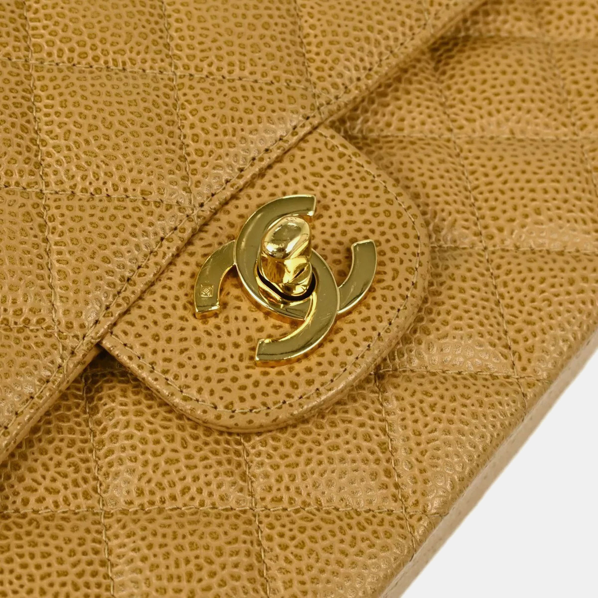 Chanel Beige Caviar Leather Medium Classic Double Flap Shoulder Bag 