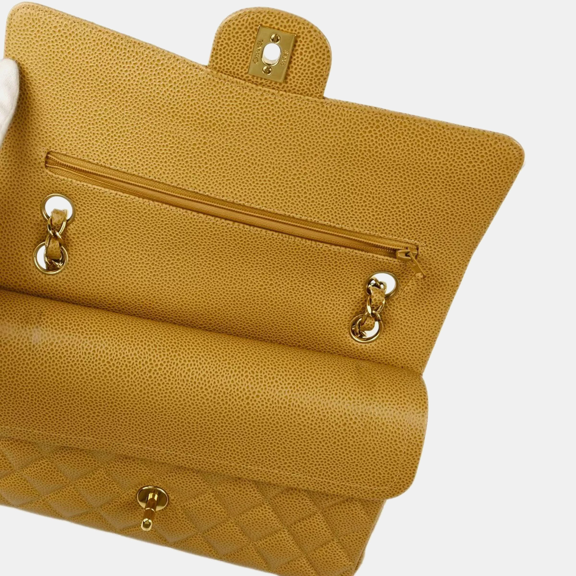 Chanel Beige Caviar Leather Medium Classic Double Flap Shoulder Bag 