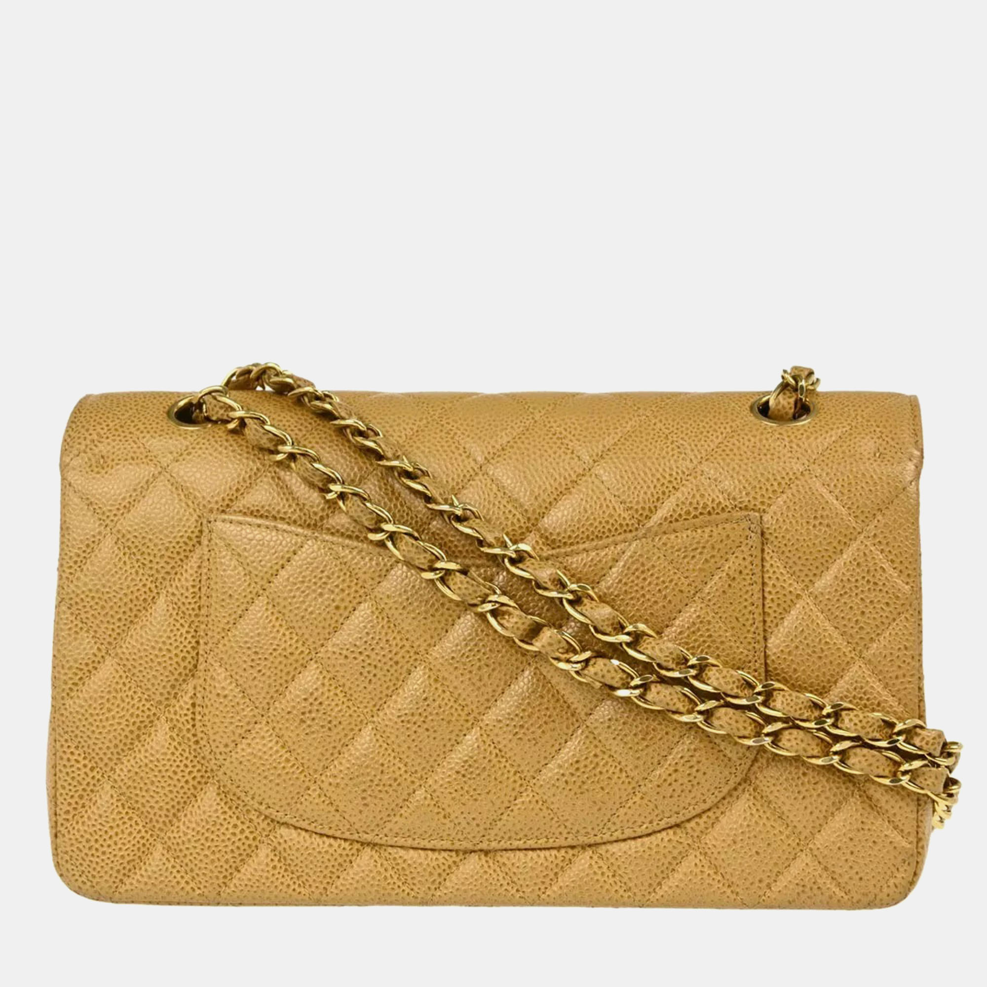 Chanel Beige Caviar Leather Medium Classic Double Flap Shoulder Bag 