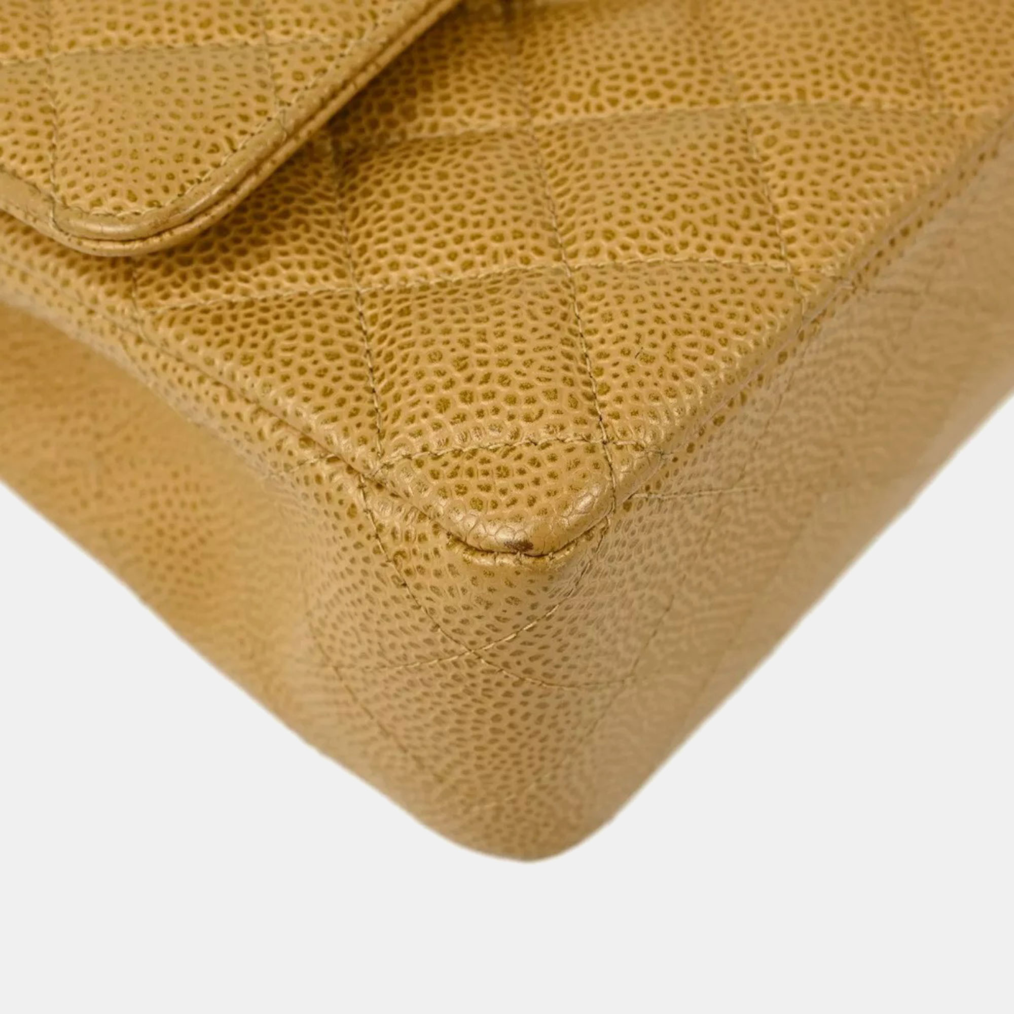 Chanel Beige Caviar Leather Medium Classic Double Flap Shoulder Bag 