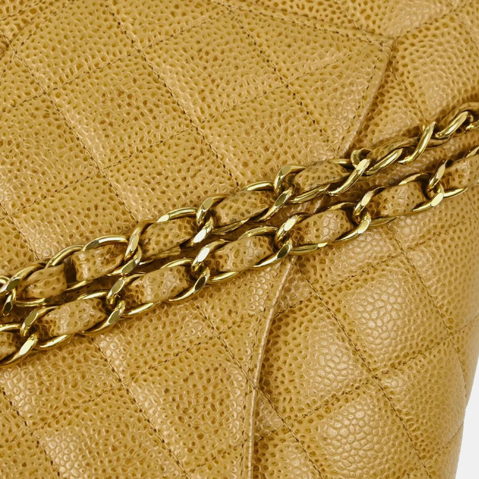 Chanel Beige Caviar Leather Medium Classic Double Flap Shoulder Bag 