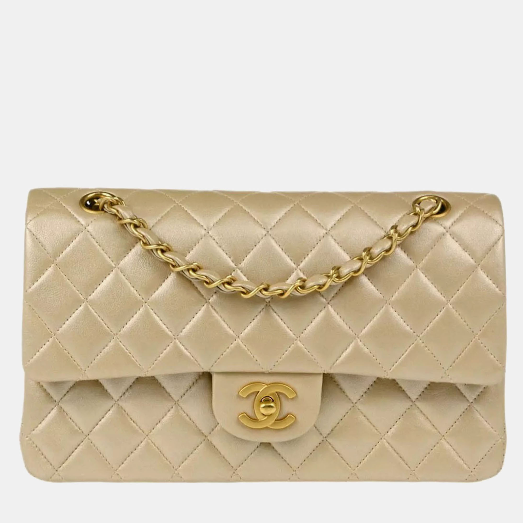 

Chanel Metallic Beige Lambskin Leather Medium Classic Double Flap Shoulder Bag, Gold