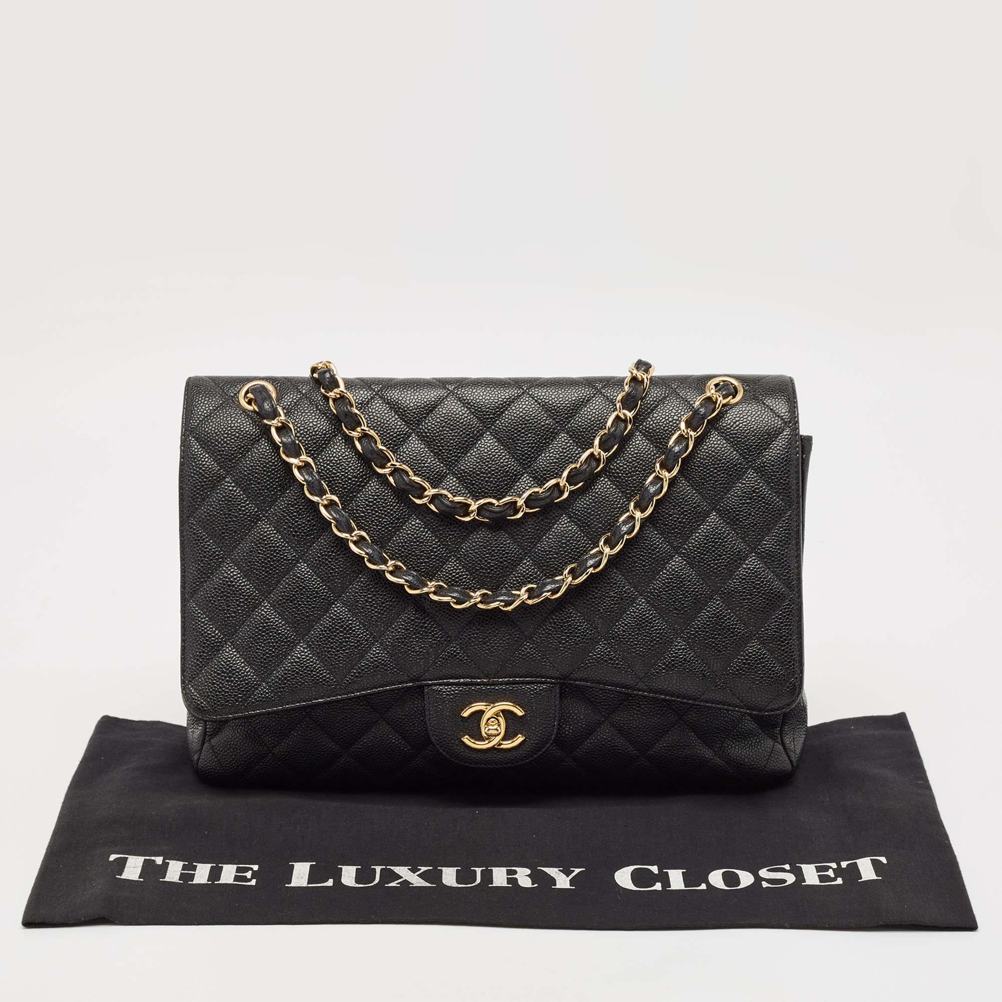 Chanel Black Quilted Caviar Leather Maxi Classic Single Flap Bag 