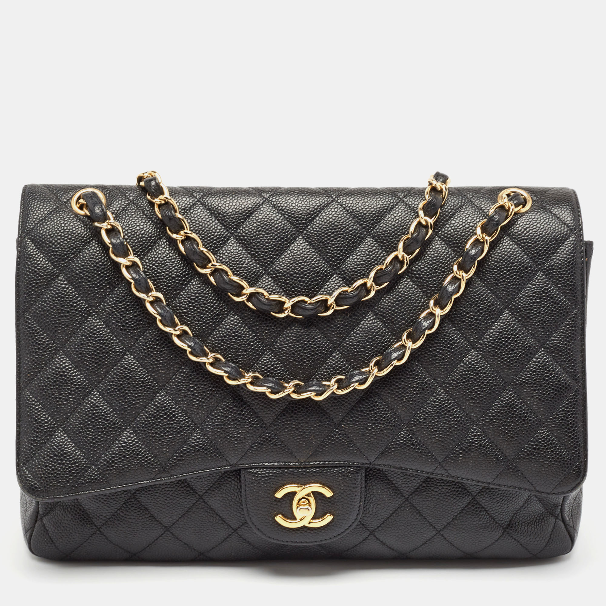 

Chanel Black Quilted Caviar Leather Maxi Classic Single Flap Bag