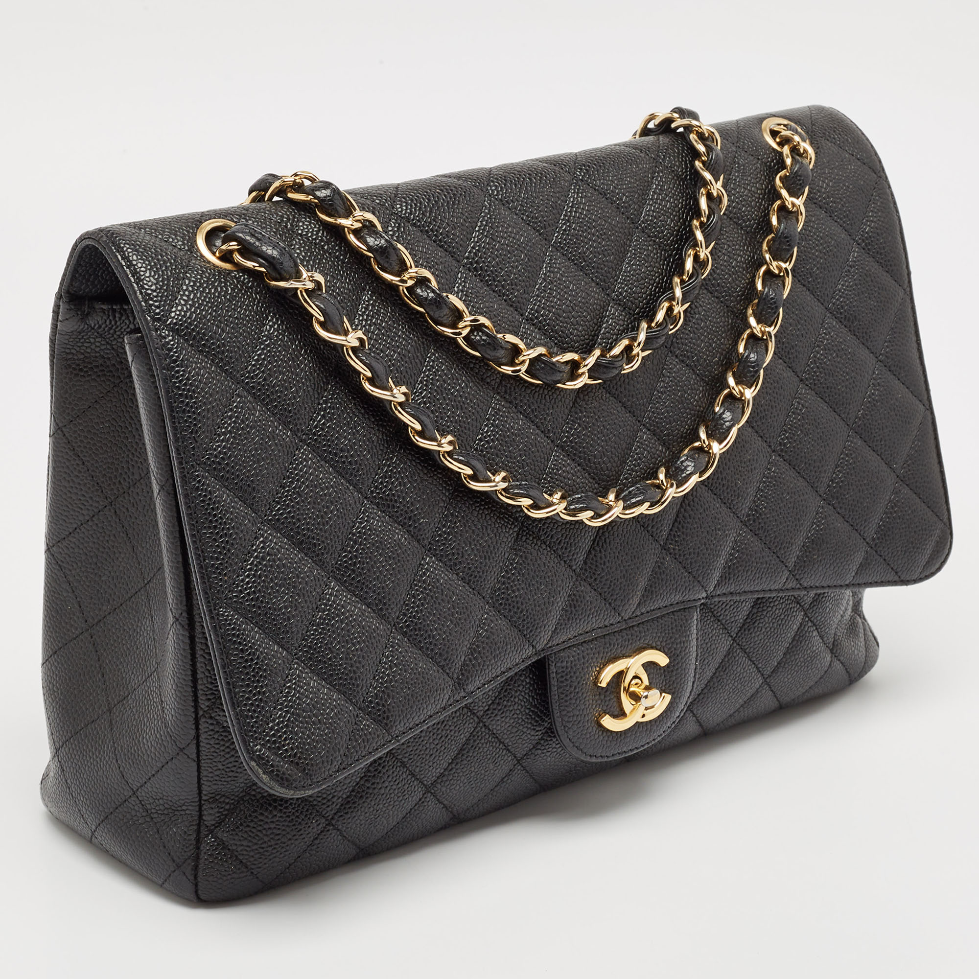 Chanel Black Quilted Caviar Leather Maxi Classic Single Flap Bag 