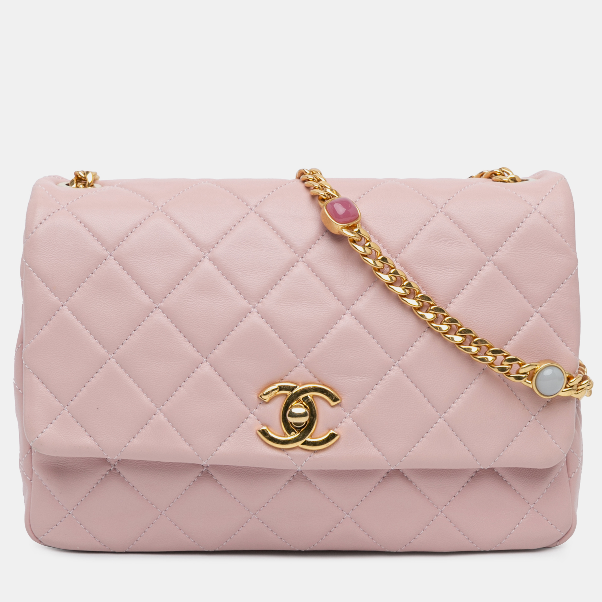 

Chanel Pink Quilted Lambskin CC Embellished Chain Flap Bag