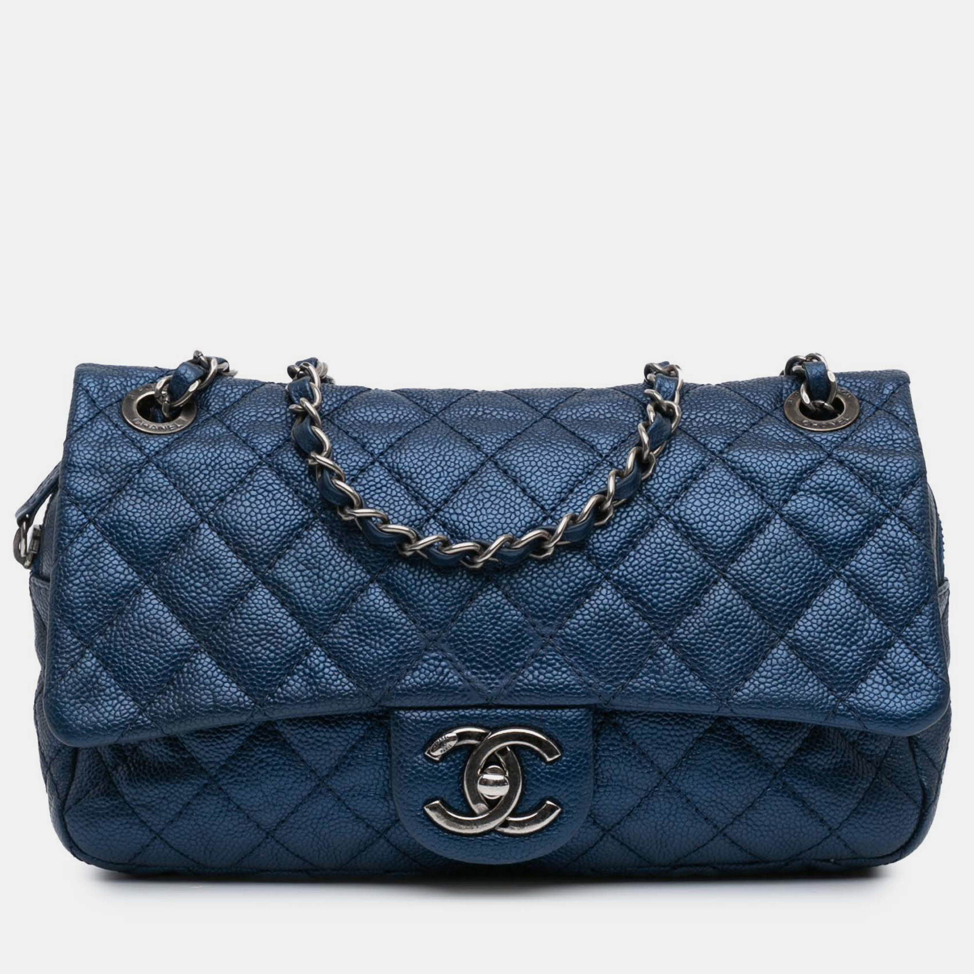 

Chanel Blue Medium Quilted Iridescent Caviar Easy Flap