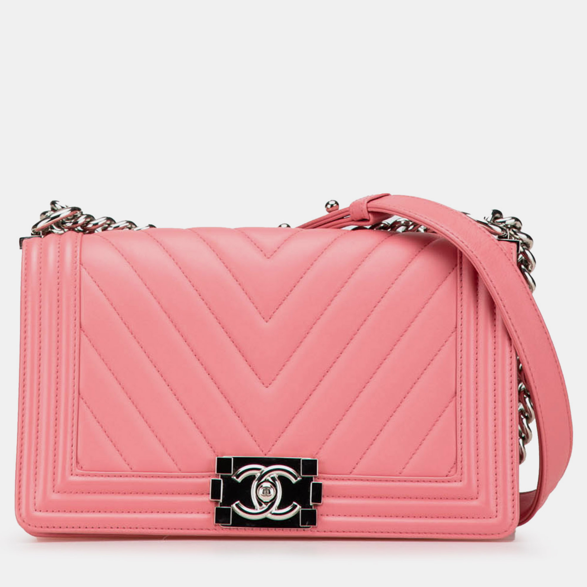 

Chanel Pink Medium Chevron Lambskin Boy Flap