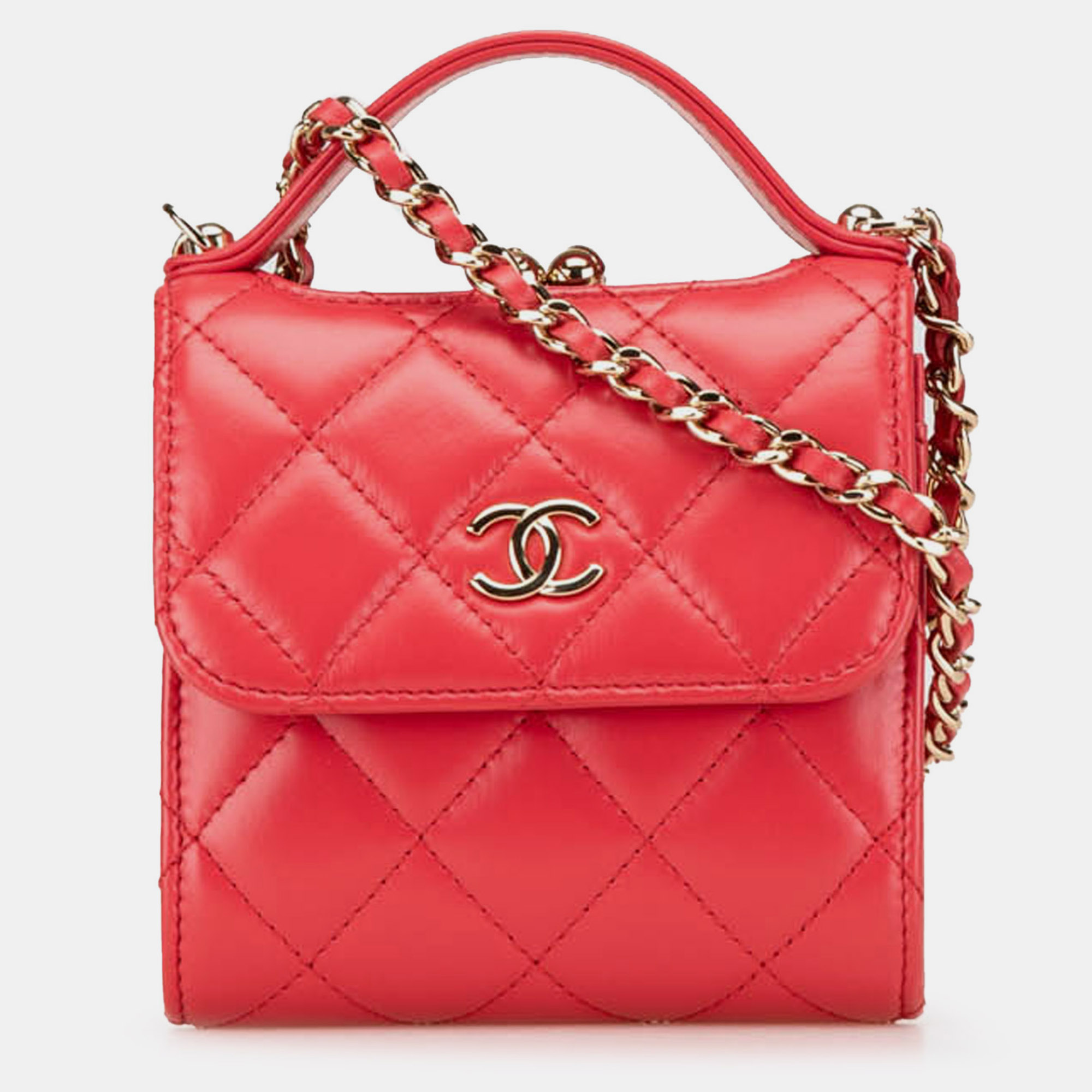 

Chanel Red Quilted Lambskin Top Handle Flap Clutch With Chain