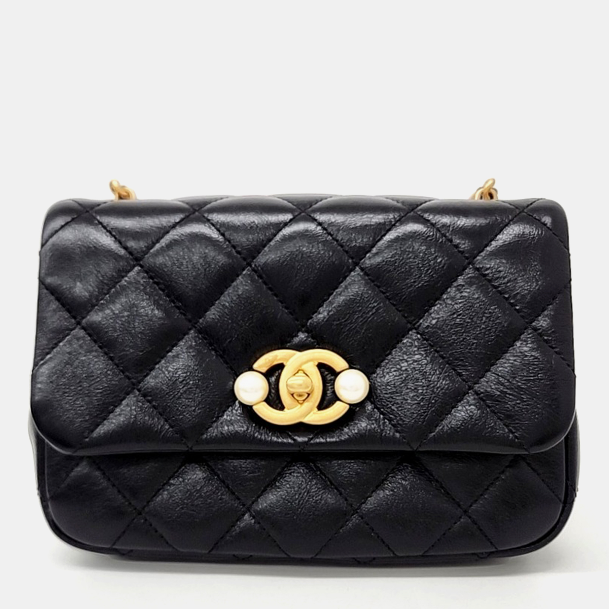 

Chanel Black Leather Pearl-Embellished Chain Crossbody Bag