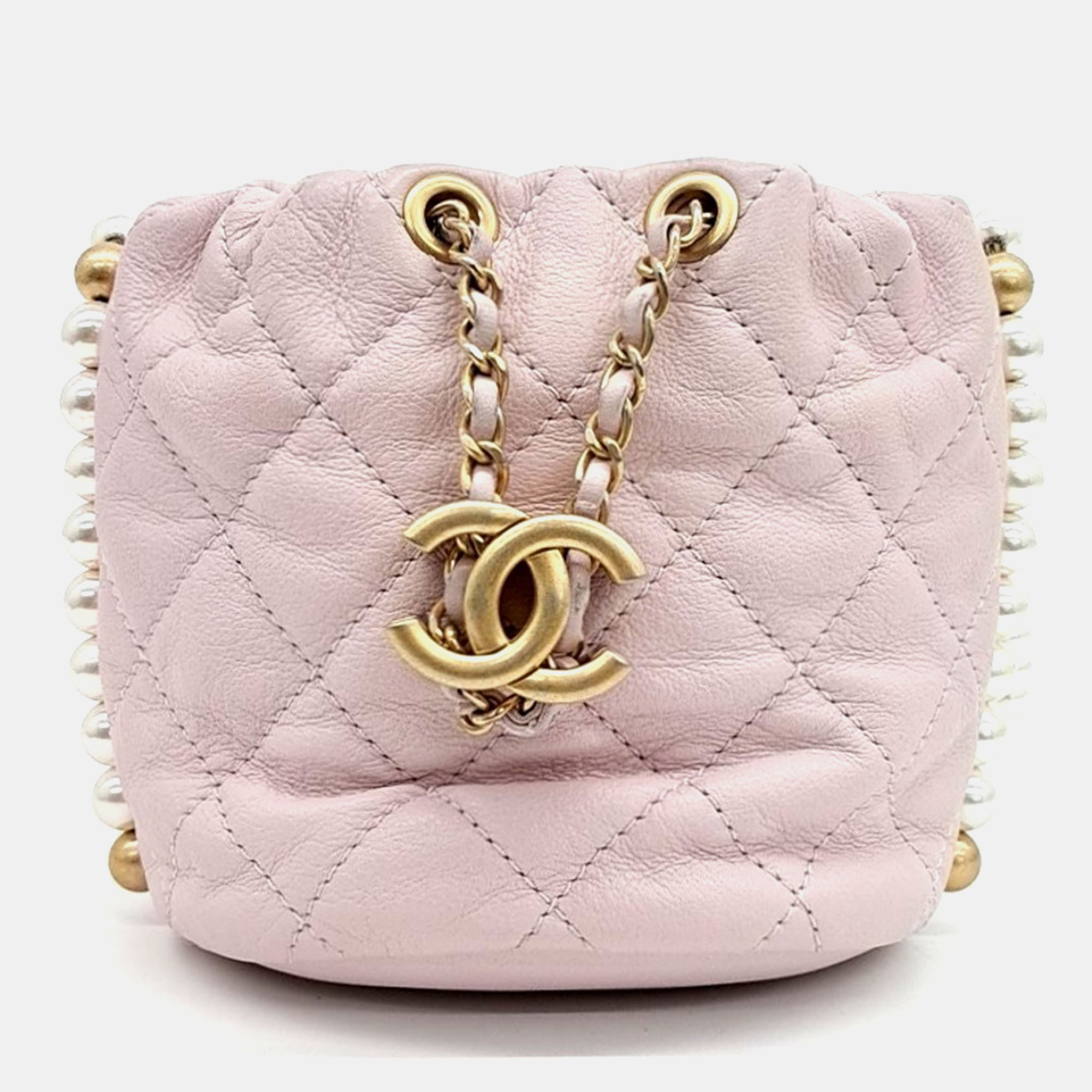 

Chanel Pink Leather pearl mini bucket Crossbody Bag