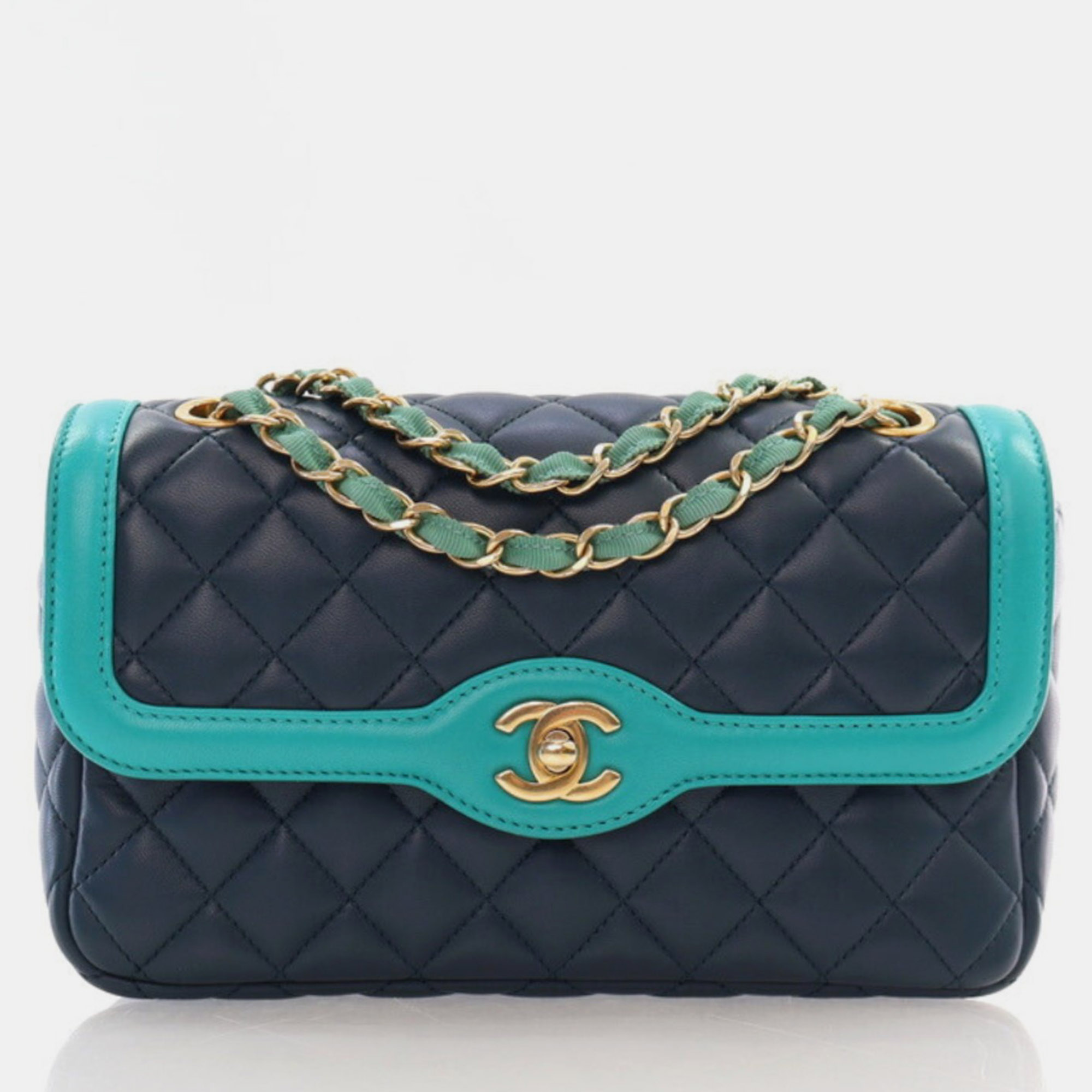 

Chanel Medium Navy Turquoise Two Tone Lambskin Single Flap Bag, Navy blue