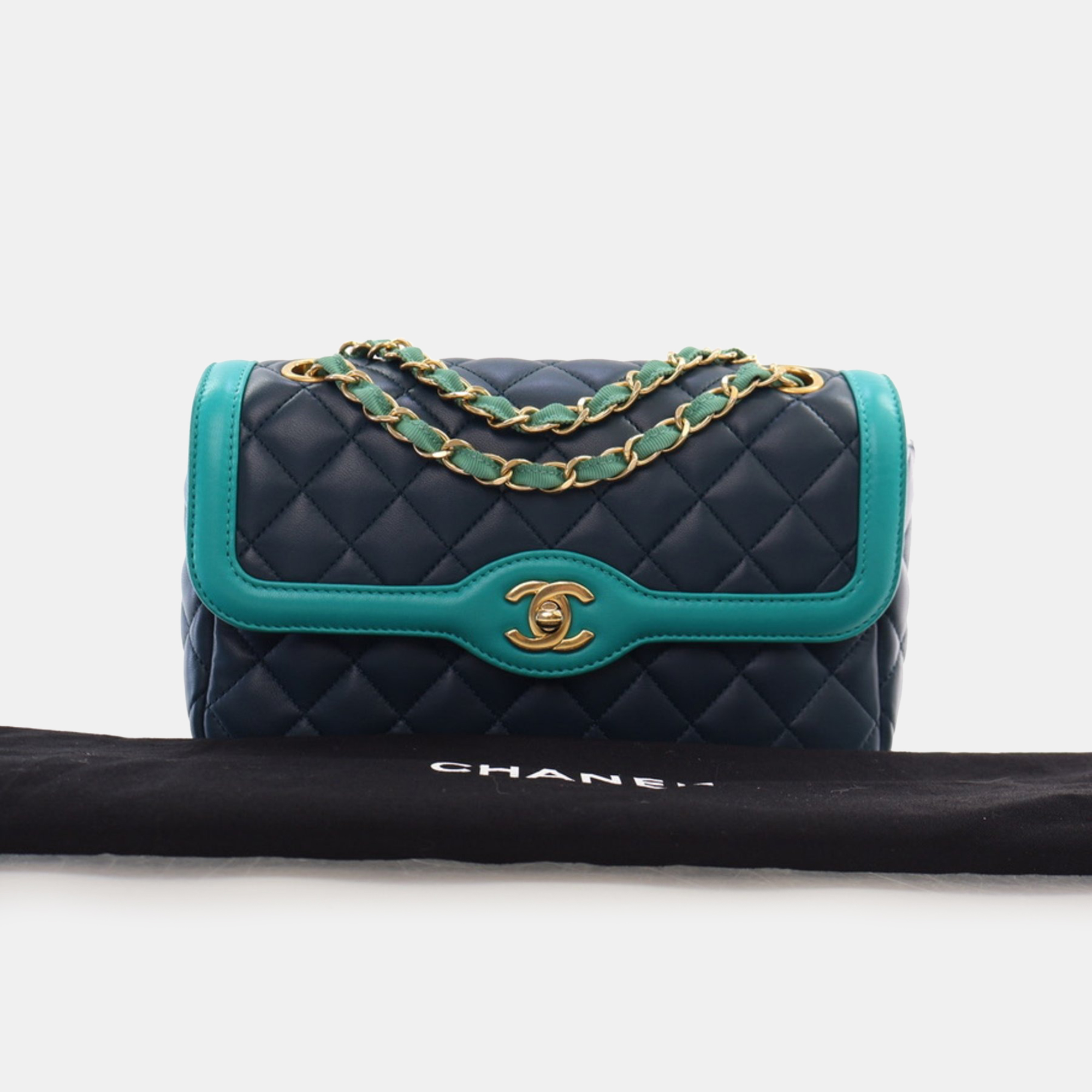 Chanel Medium Navy Turquoise Two Tone Lambskin Single Flap Bag 