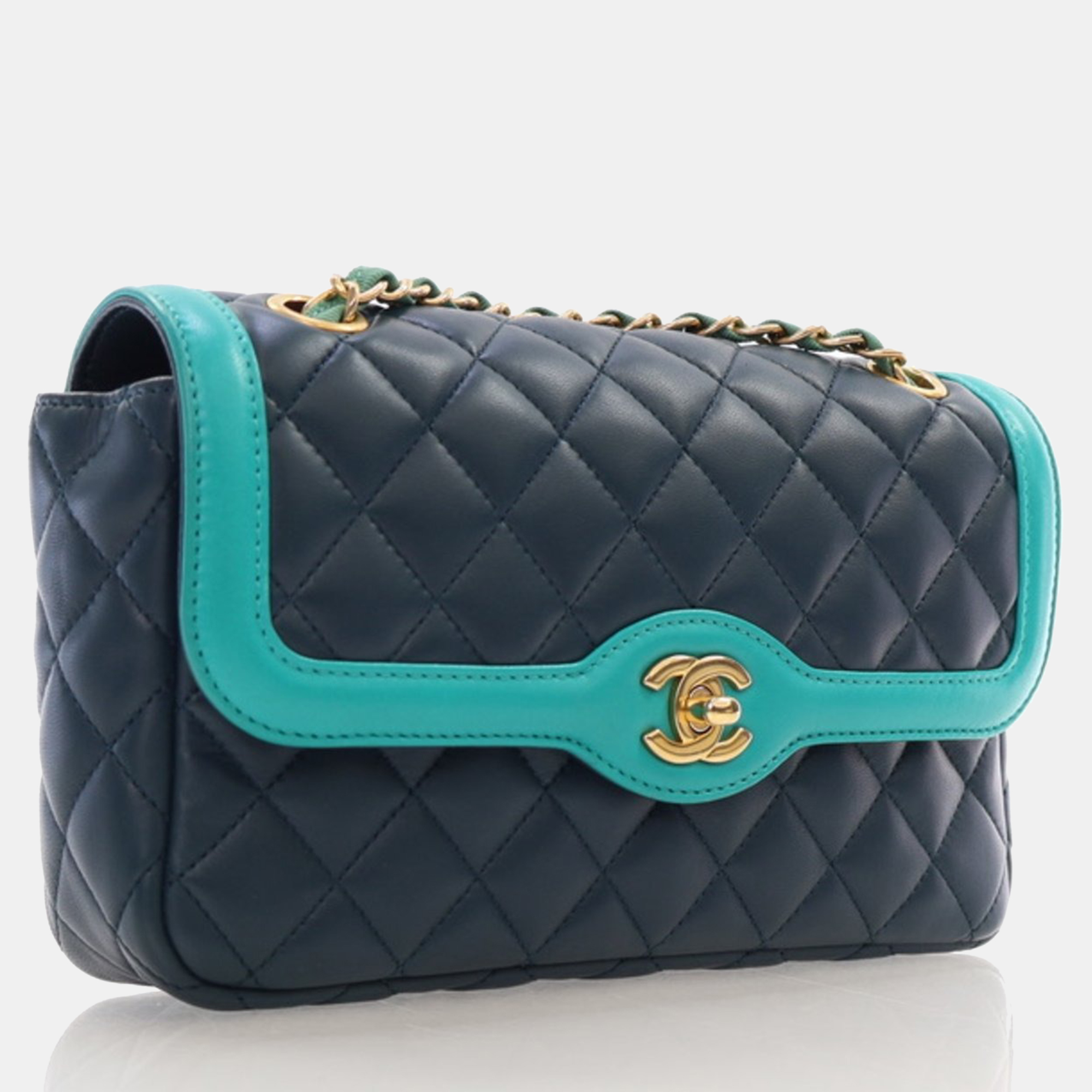 Chanel Medium Navy Turquoise Two Tone Lambskin Single Flap Bag 