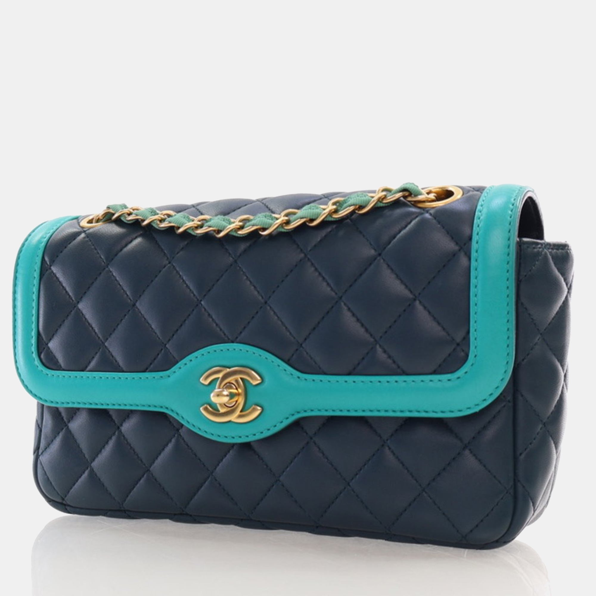 Chanel Medium Navy Turquoise Two Tone Lambskin Single Flap Bag 