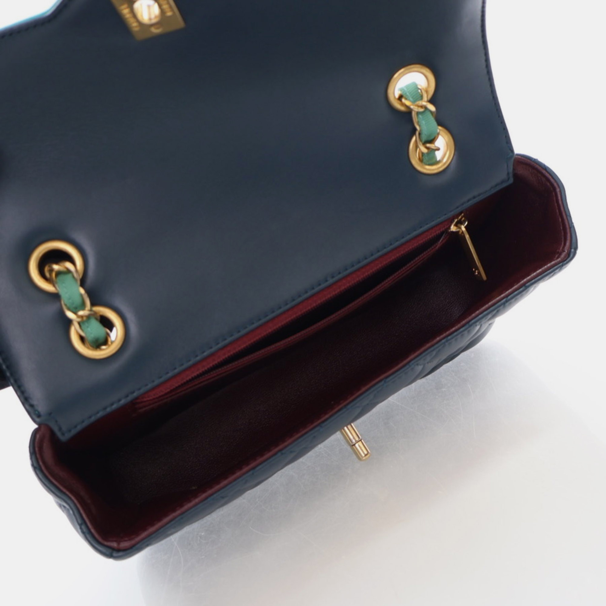 Chanel Medium Navy Turquoise Two Tone Lambskin Single Flap Bag 