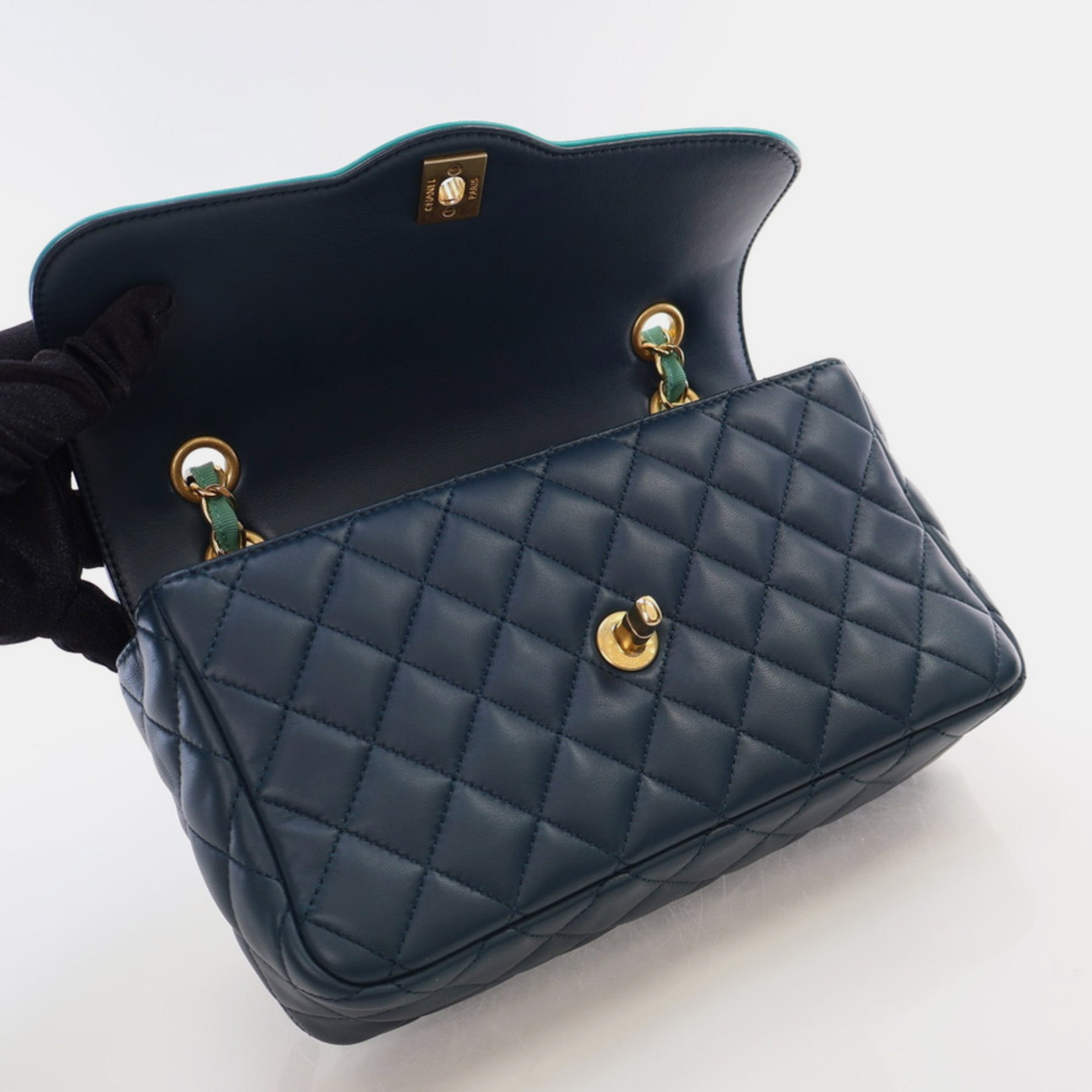 Chanel Medium Navy Turquoise Two Tone Lambskin Single Flap Bag 