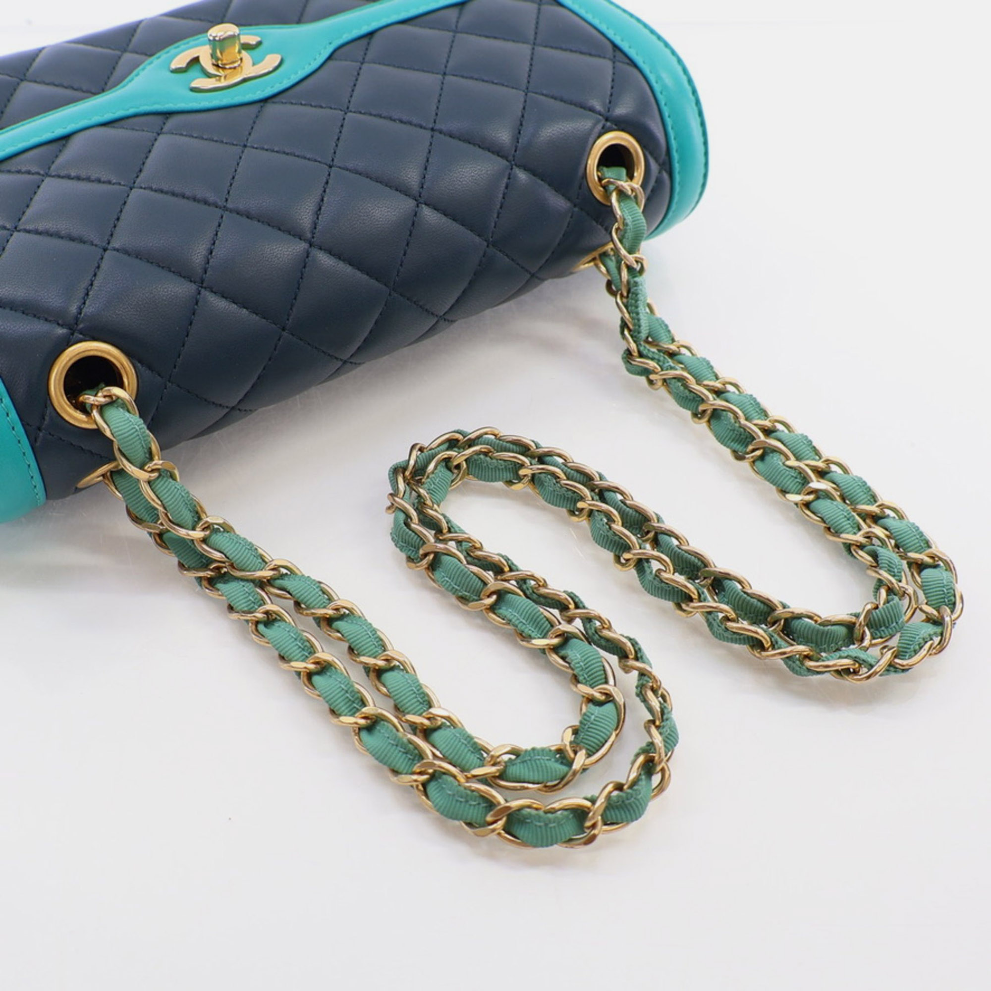 Chanel Medium Navy Turquoise Two Tone Lambskin Single Flap Bag 