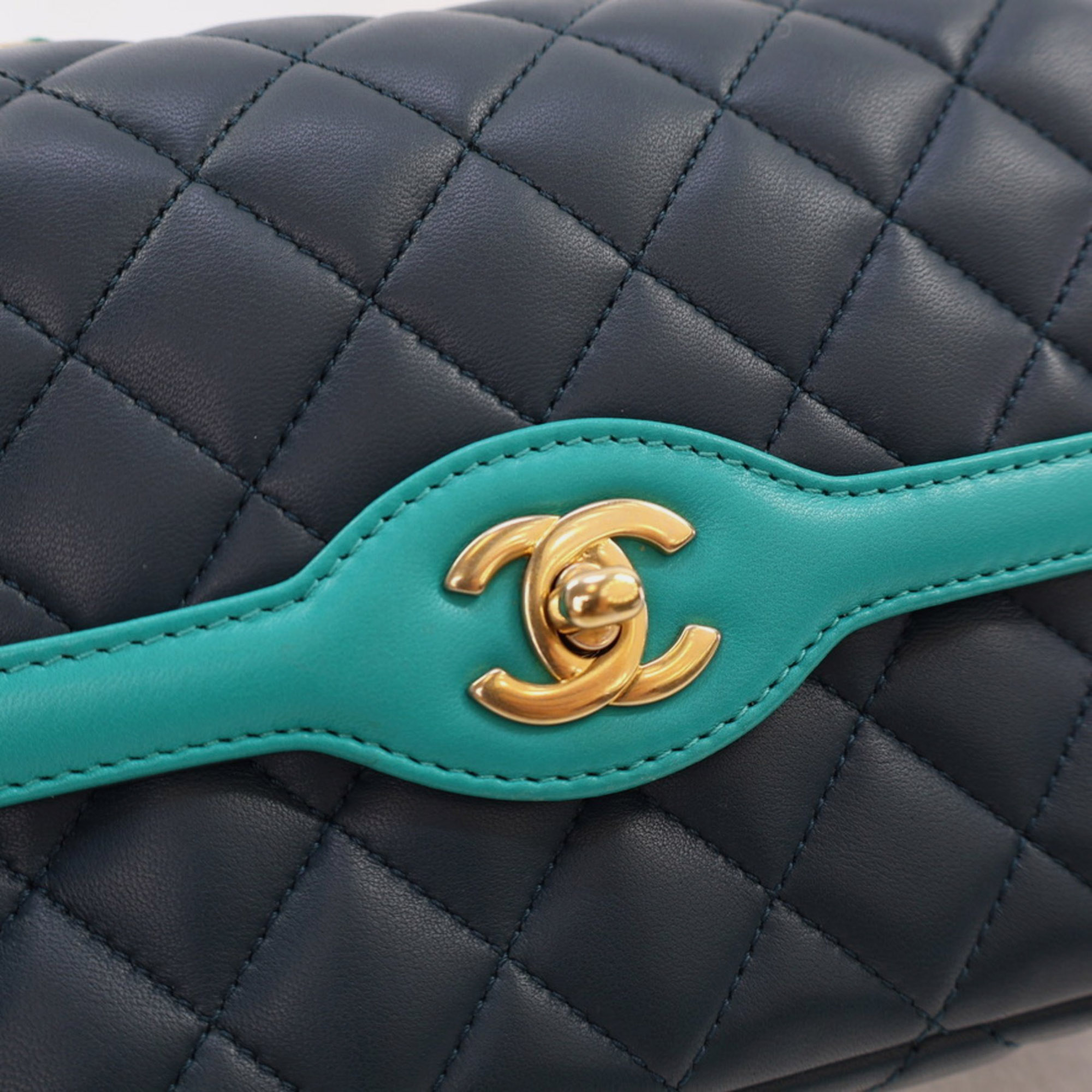 Chanel Medium Navy Turquoise Two Tone Lambskin Single Flap Bag 