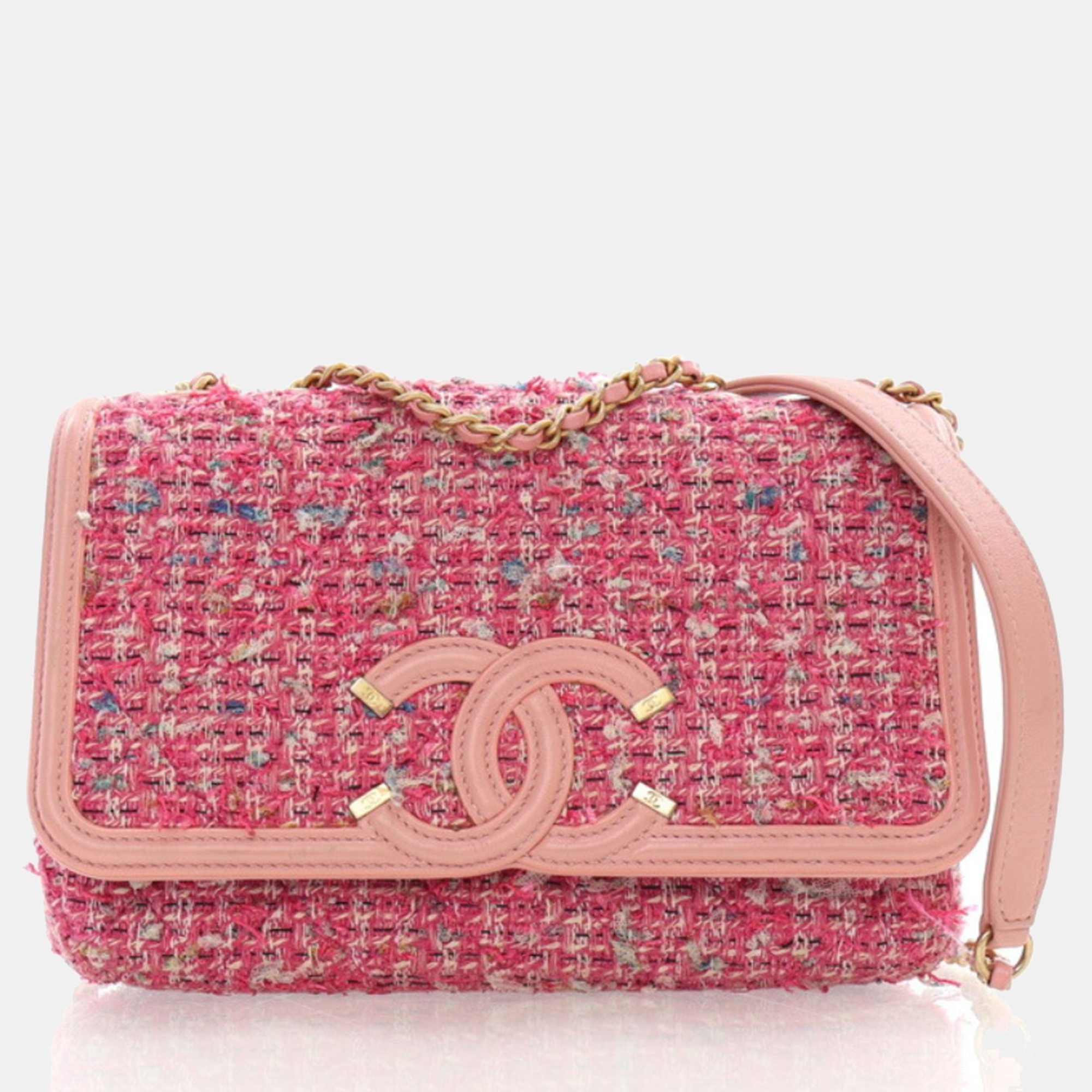 

Chanel Medium Pink Tweed Filigree Flap Bag