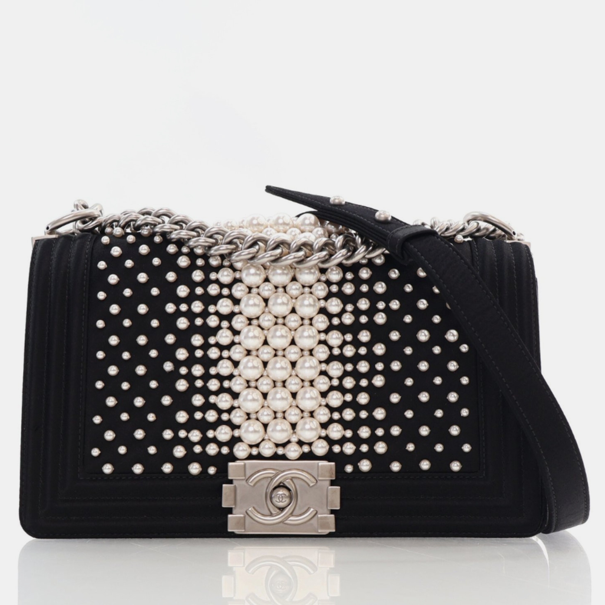 

Chanel Old Medium Black Satin Pearl Embellished Boy Bag