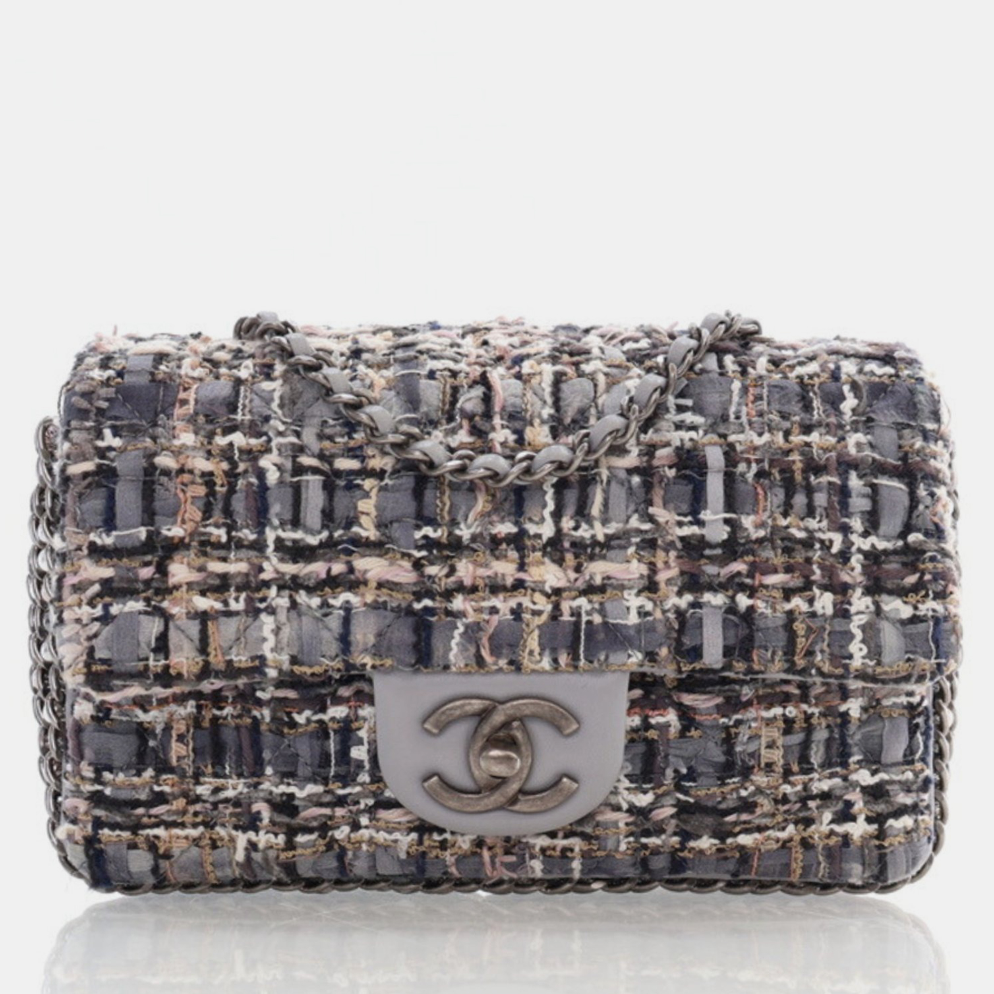 

Chanel Mini Grey Multicolor Tweed River of Pearls Rectangle Flap RHW