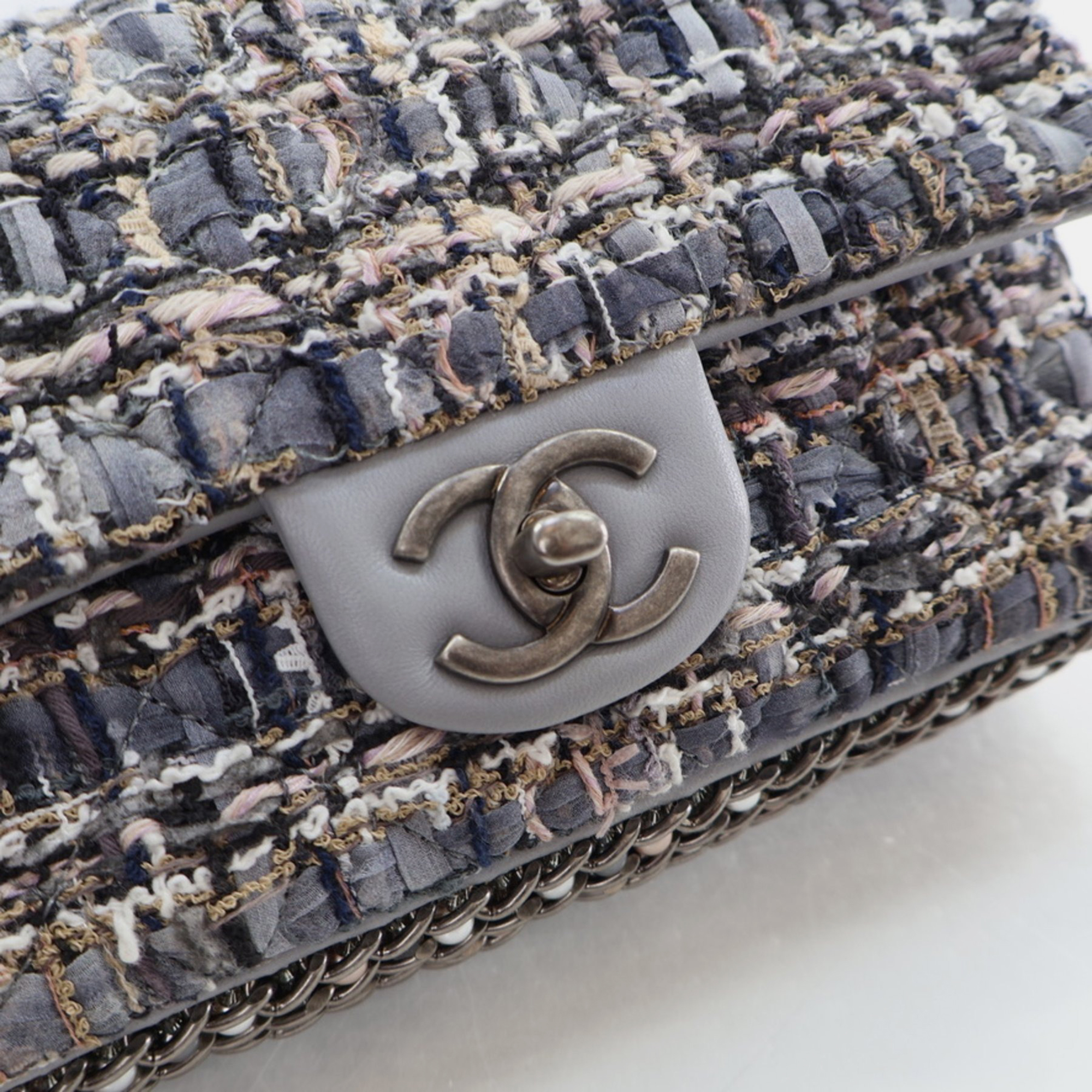 Chanel Mini Grey Multicolor Tweed River of Pearls Rectangle Flap RHW 