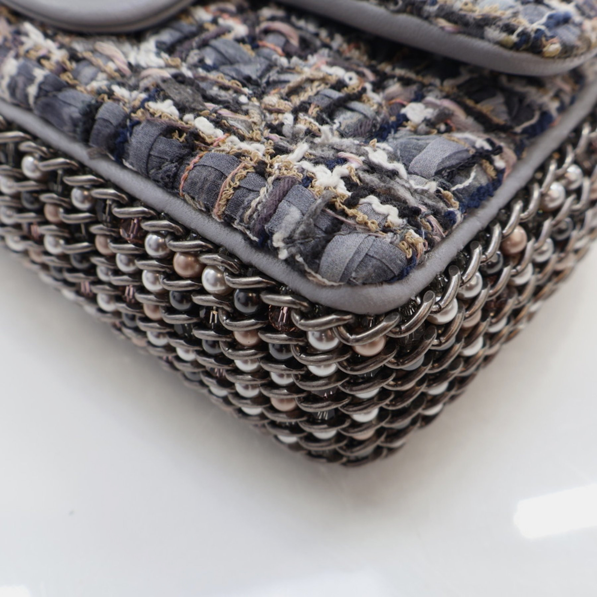 Chanel Mini Grey Multicolor Tweed River of Pearls Rectangle Flap RHW 