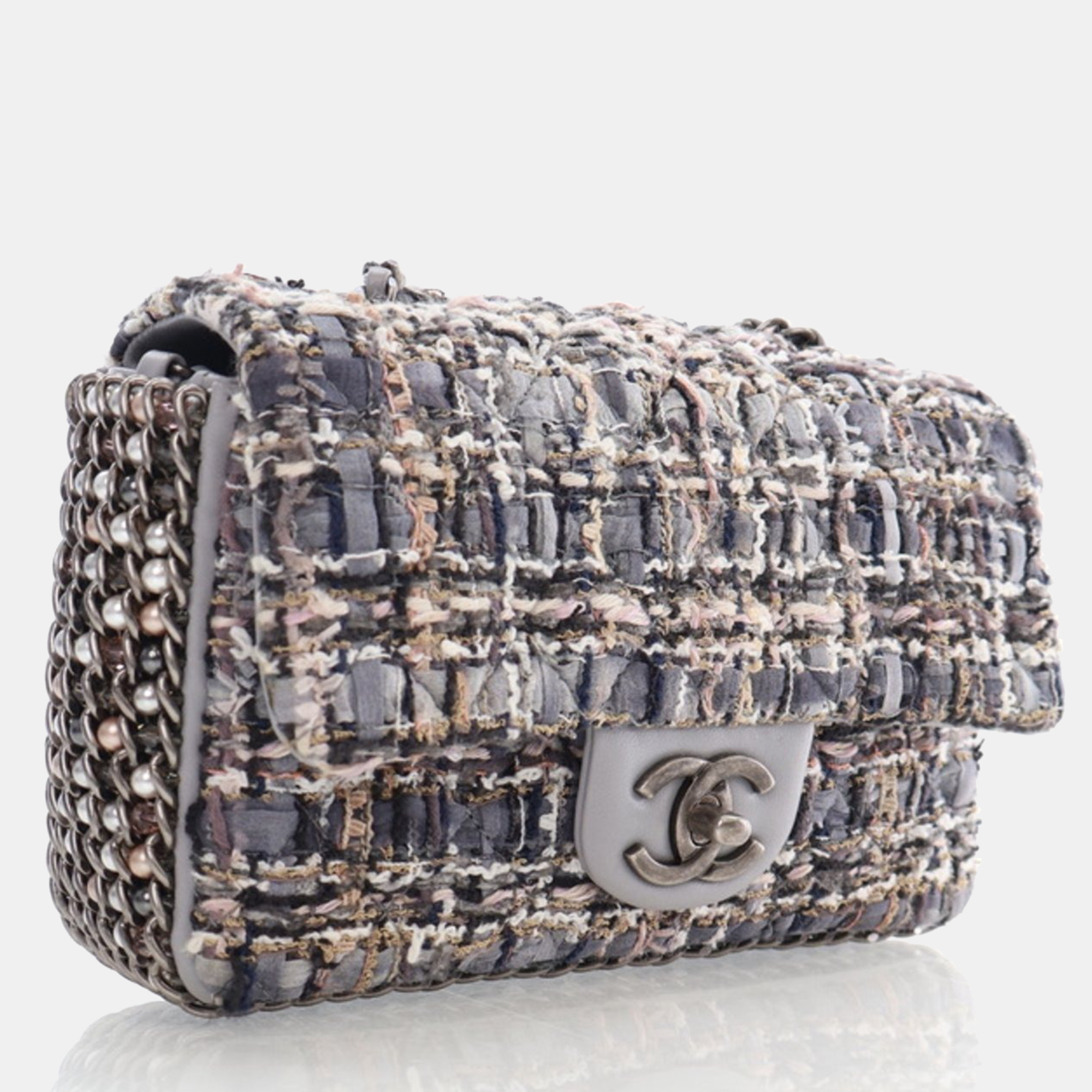 Chanel Mini Grey Multicolor Tweed River of Pearls Rectangle Flap RHW 