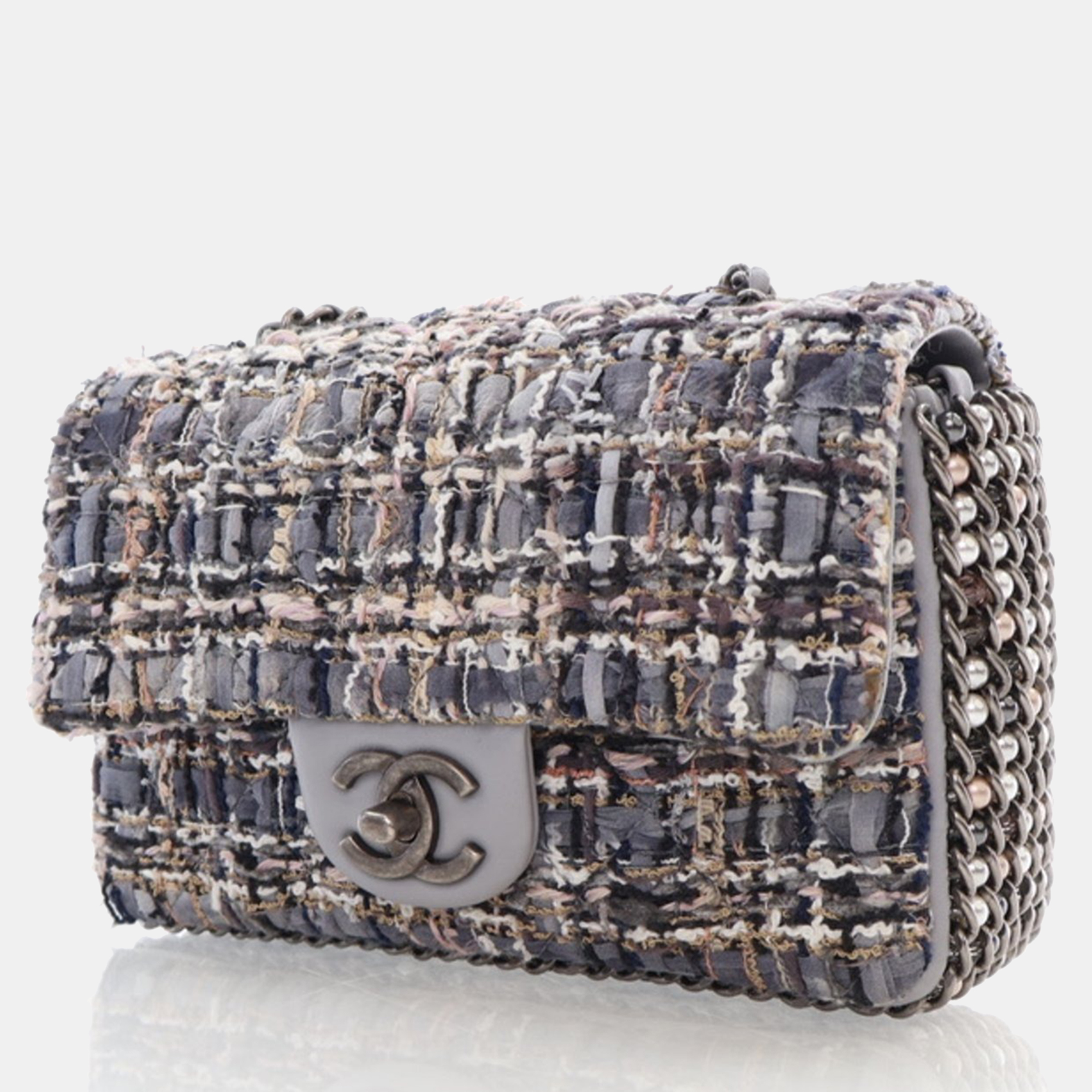 Chanel Mini Grey Multicolor Tweed River of Pearls Rectangle Flap RHW 
