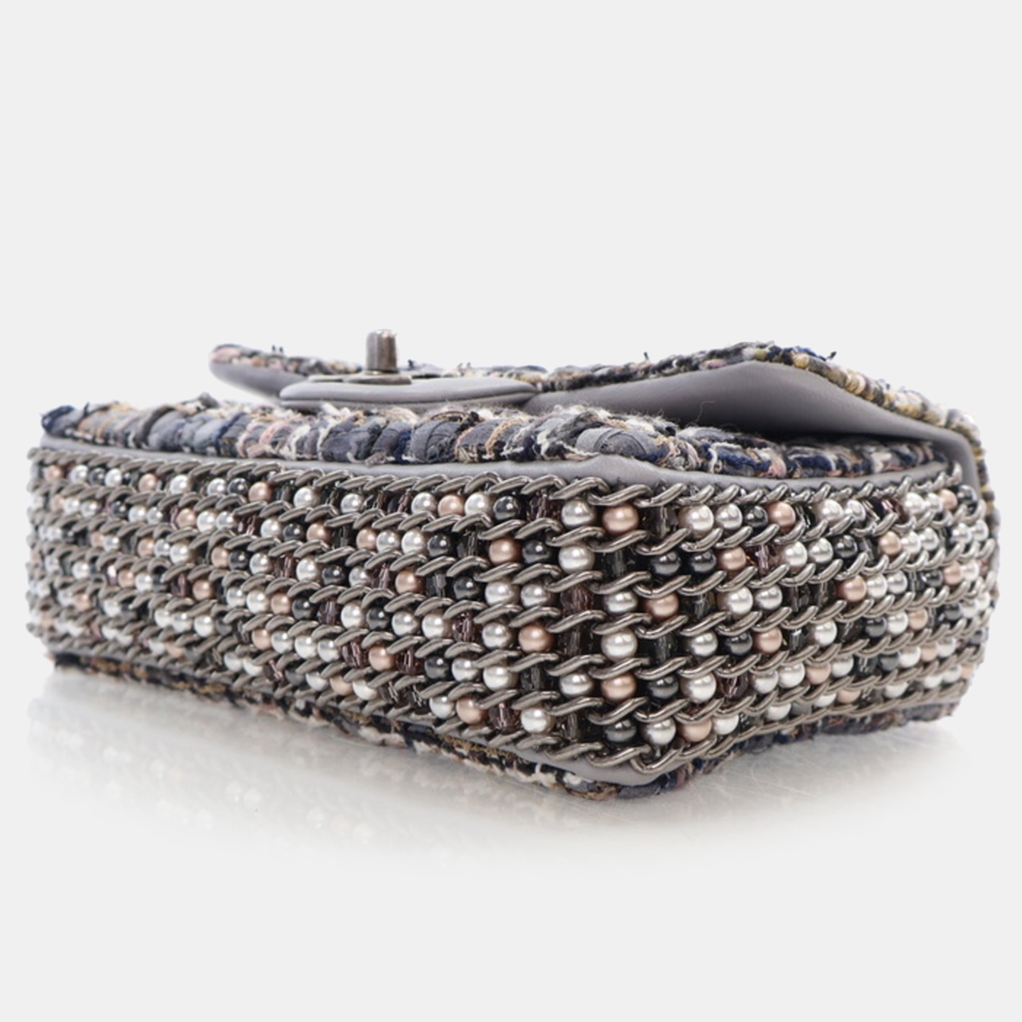 Chanel Mini Grey Multicolor Tweed River of Pearls Rectangle Flap RHW 