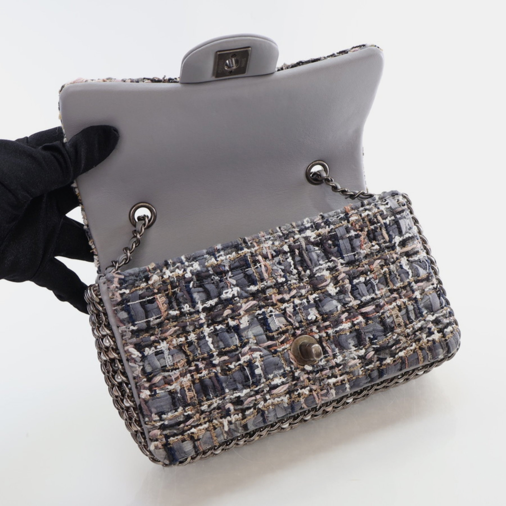 Chanel Mini Grey Multicolor Tweed River of Pearls Rectangle Flap RHW 