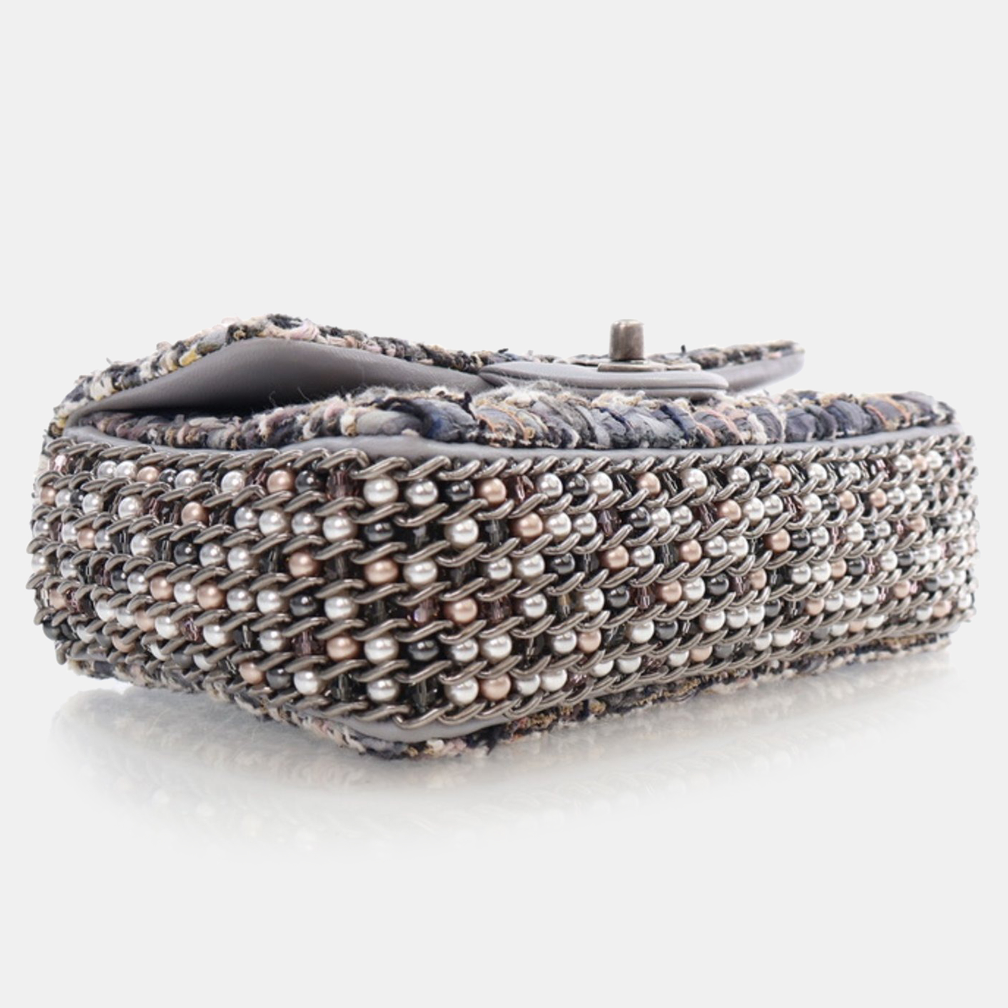 Chanel Mini Grey Multicolor Tweed River of Pearls Rectangle Flap RHW 