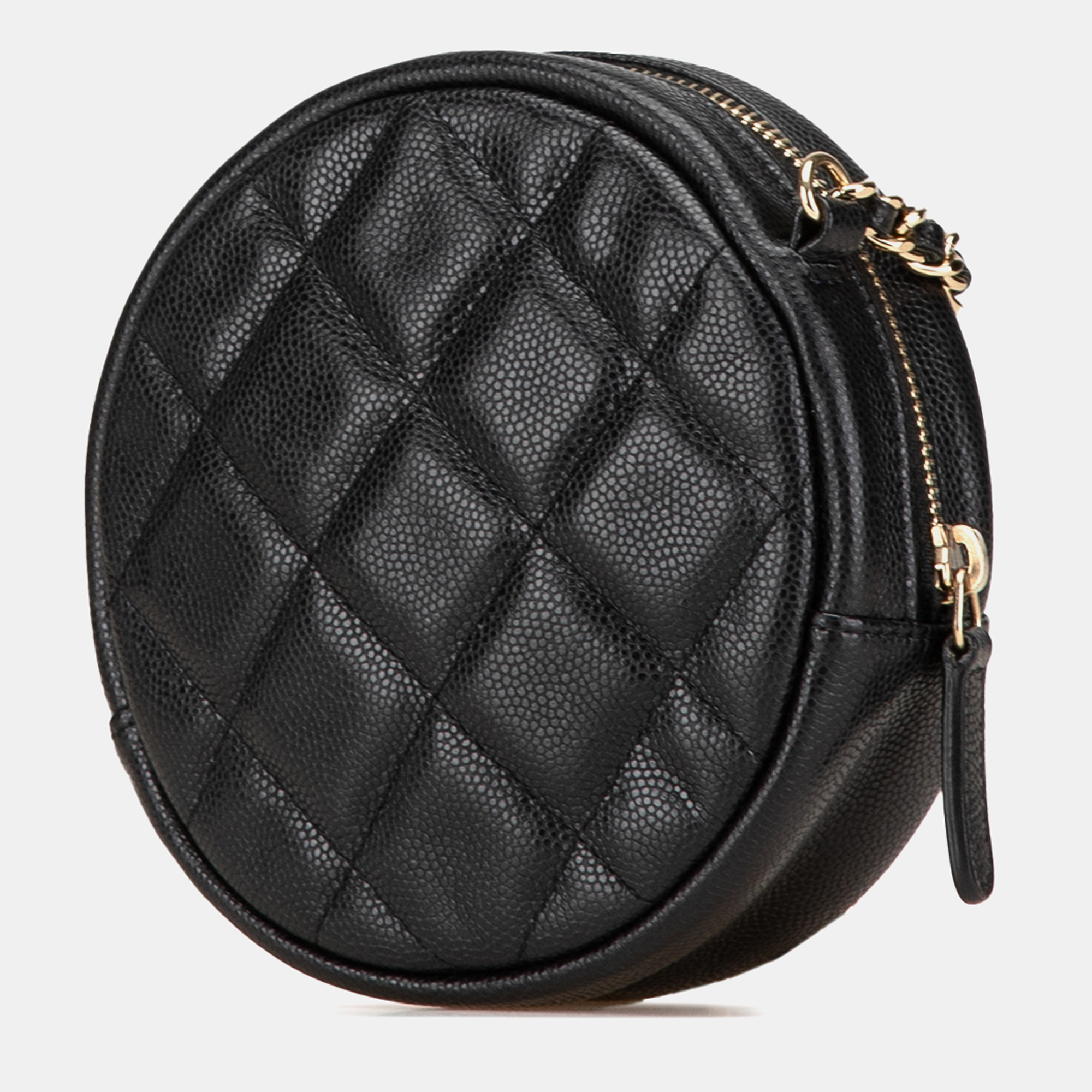 Chanel Black CC Quilted Caviar Round Clutch With Chain 