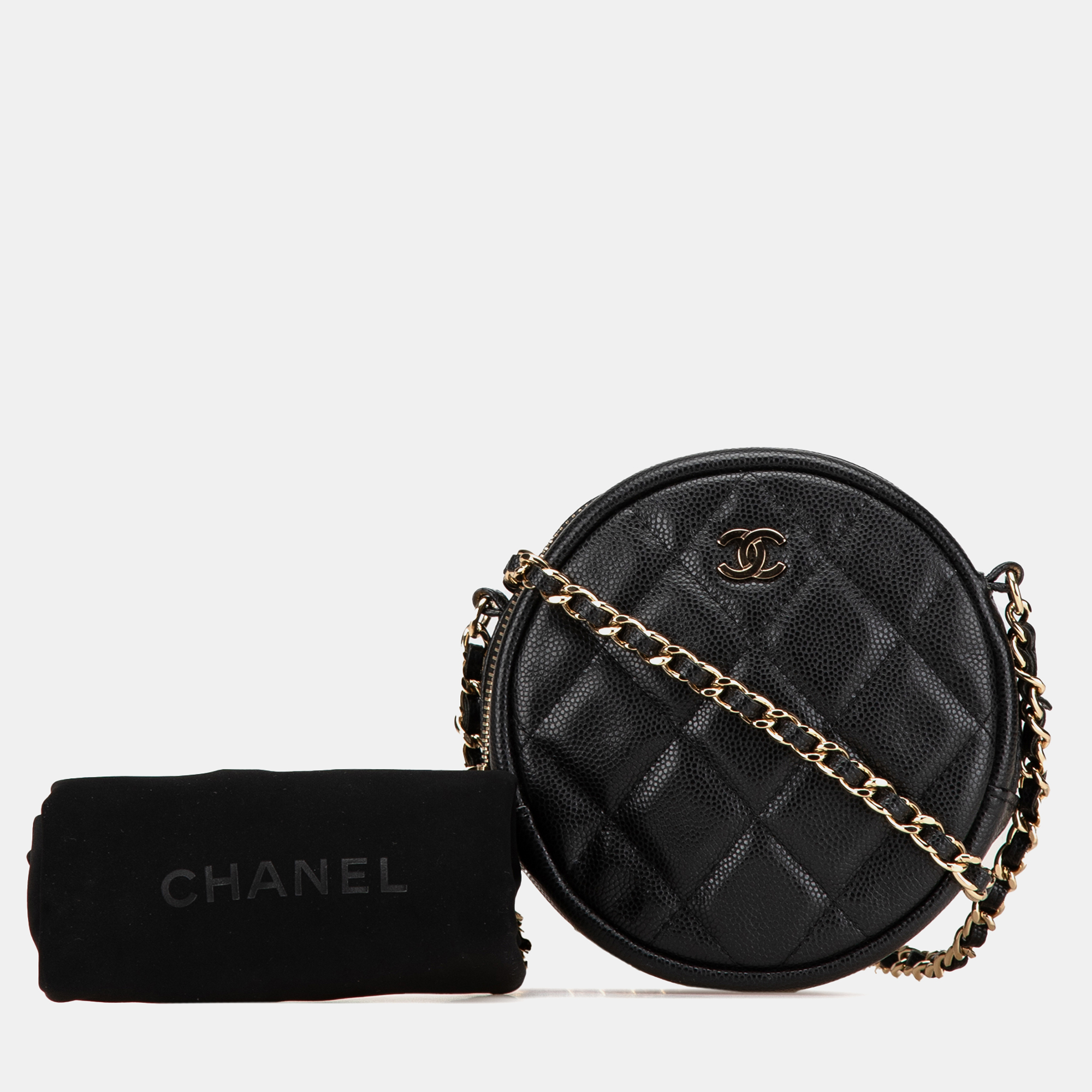Chanel Black CC Quilted Caviar Round Clutch With Chain 