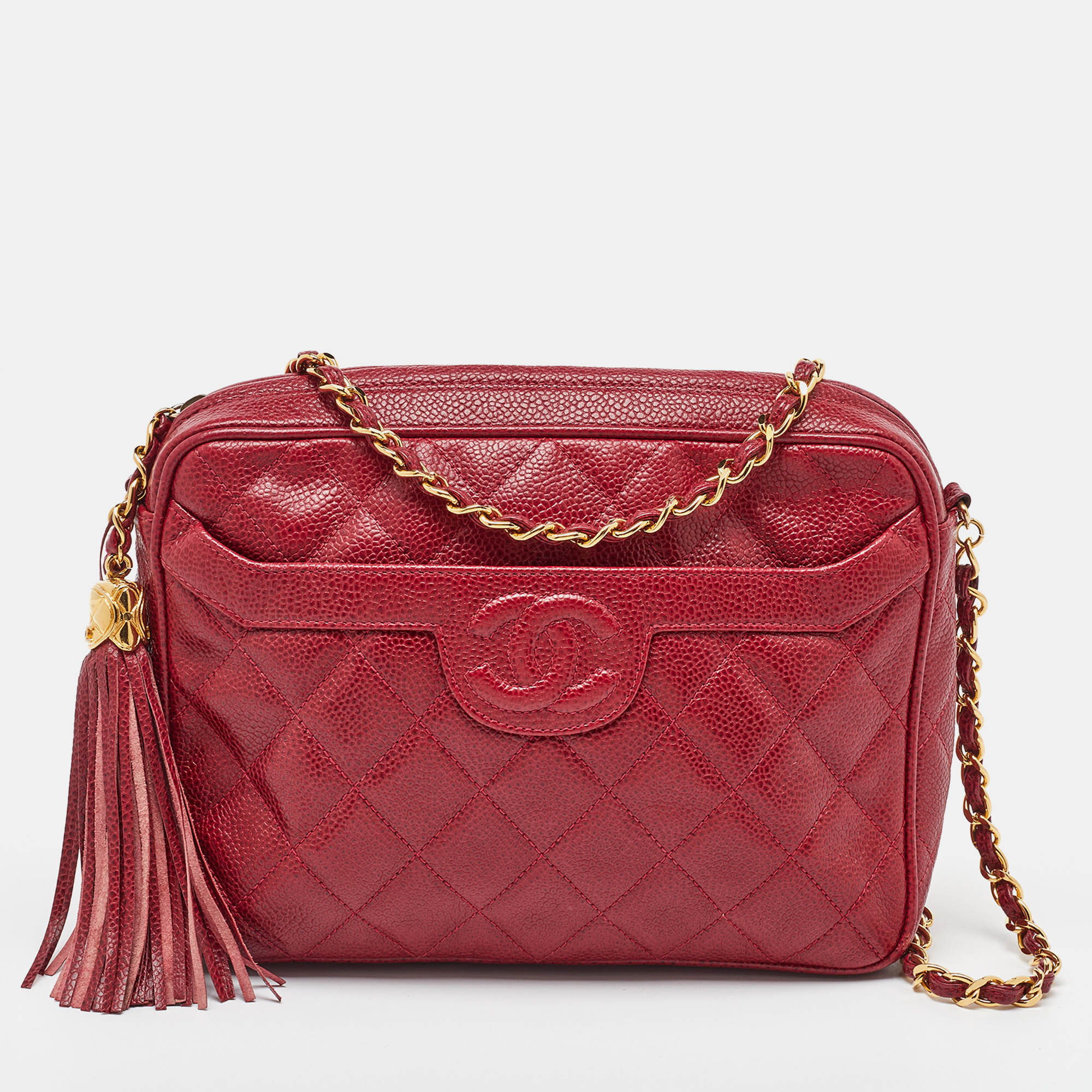 

Chanel Red Quilted Caviar Leather CC Vintage Tassel Bag