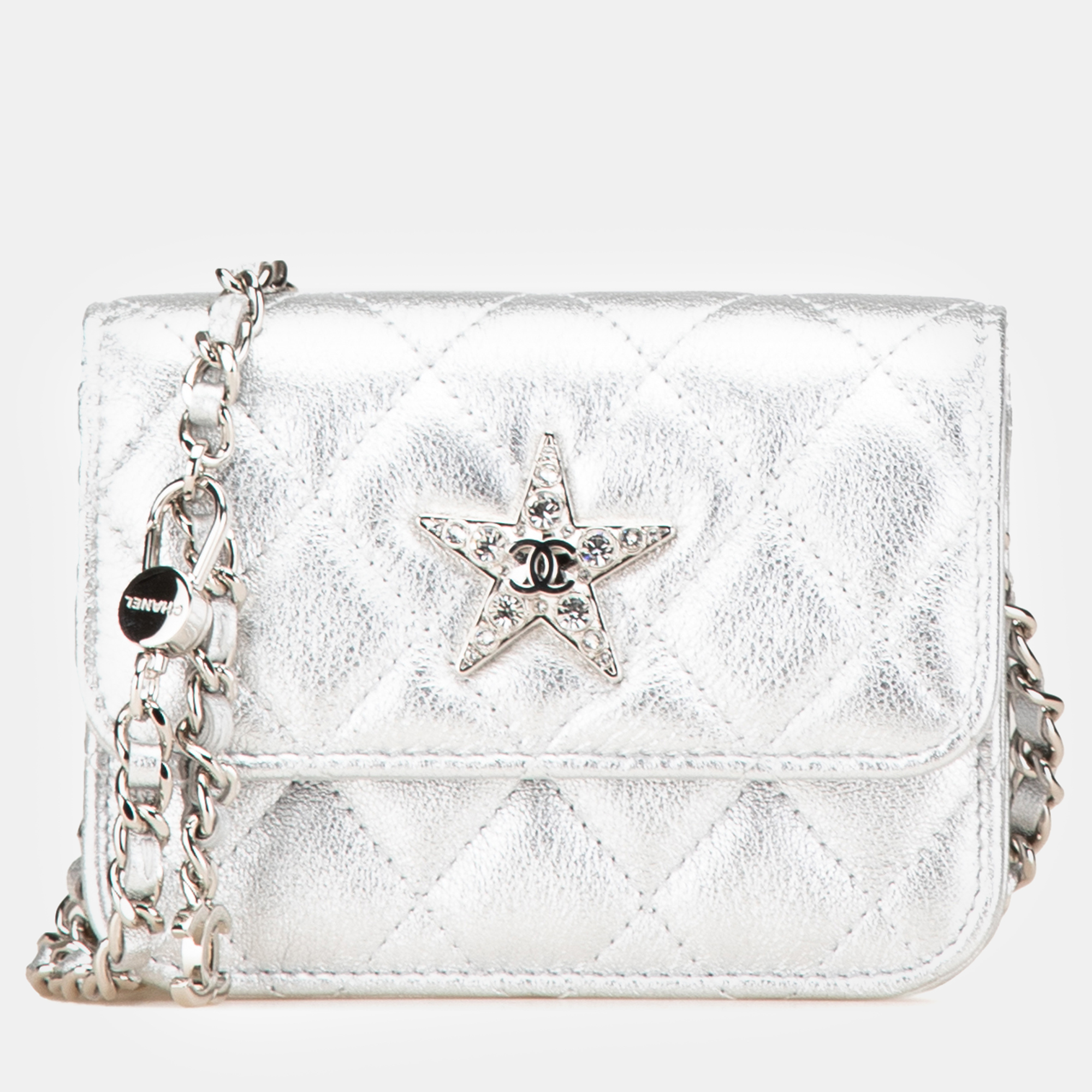 

Chanel Silver Metallic Goatskin CC Walk of Fame Clutch with Chain