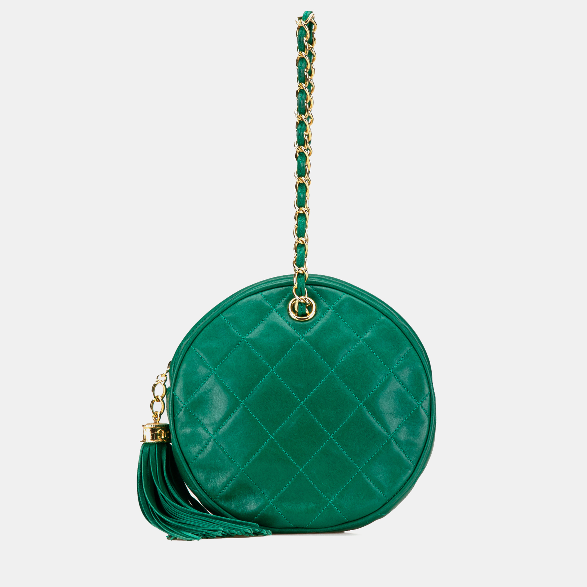 

Chanel Green Quilted Lambskin Tassel Round Clutch with Chain