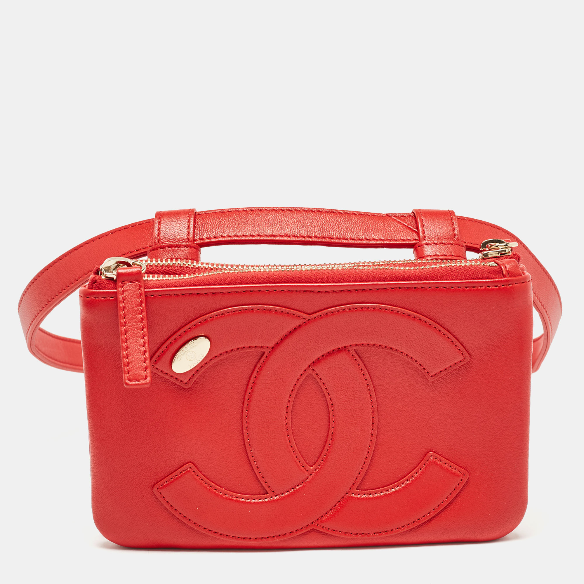 

Chanel Red Leather CC Mania Double Zip Waist Belt Bag